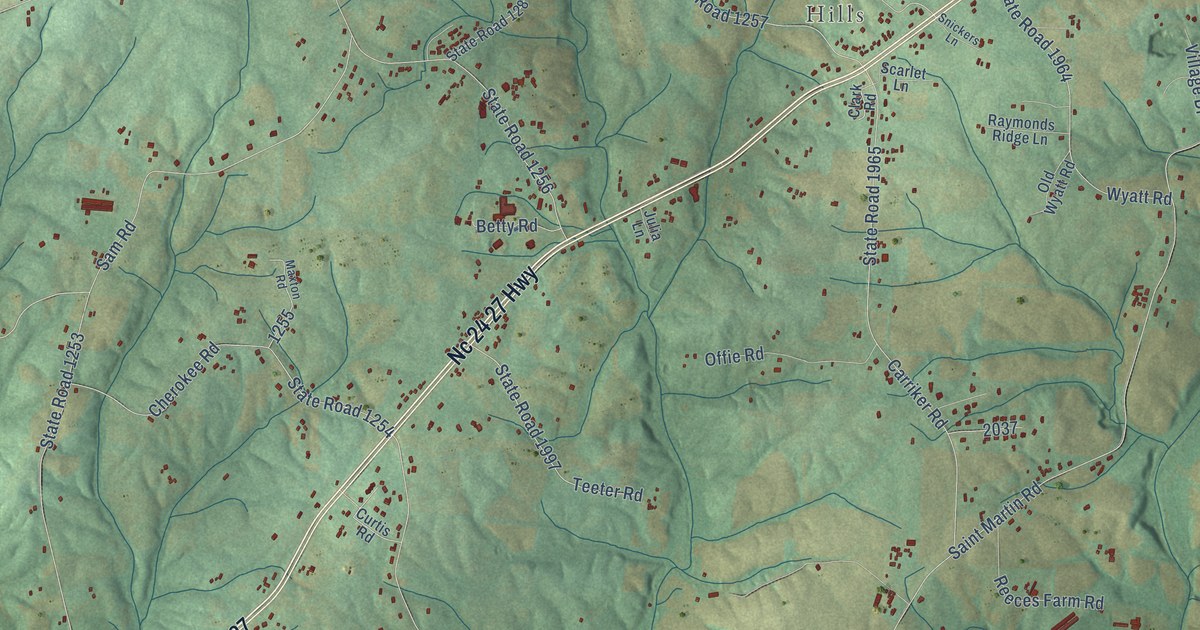 Close-up of streets and buildings in Endy, North Carolina