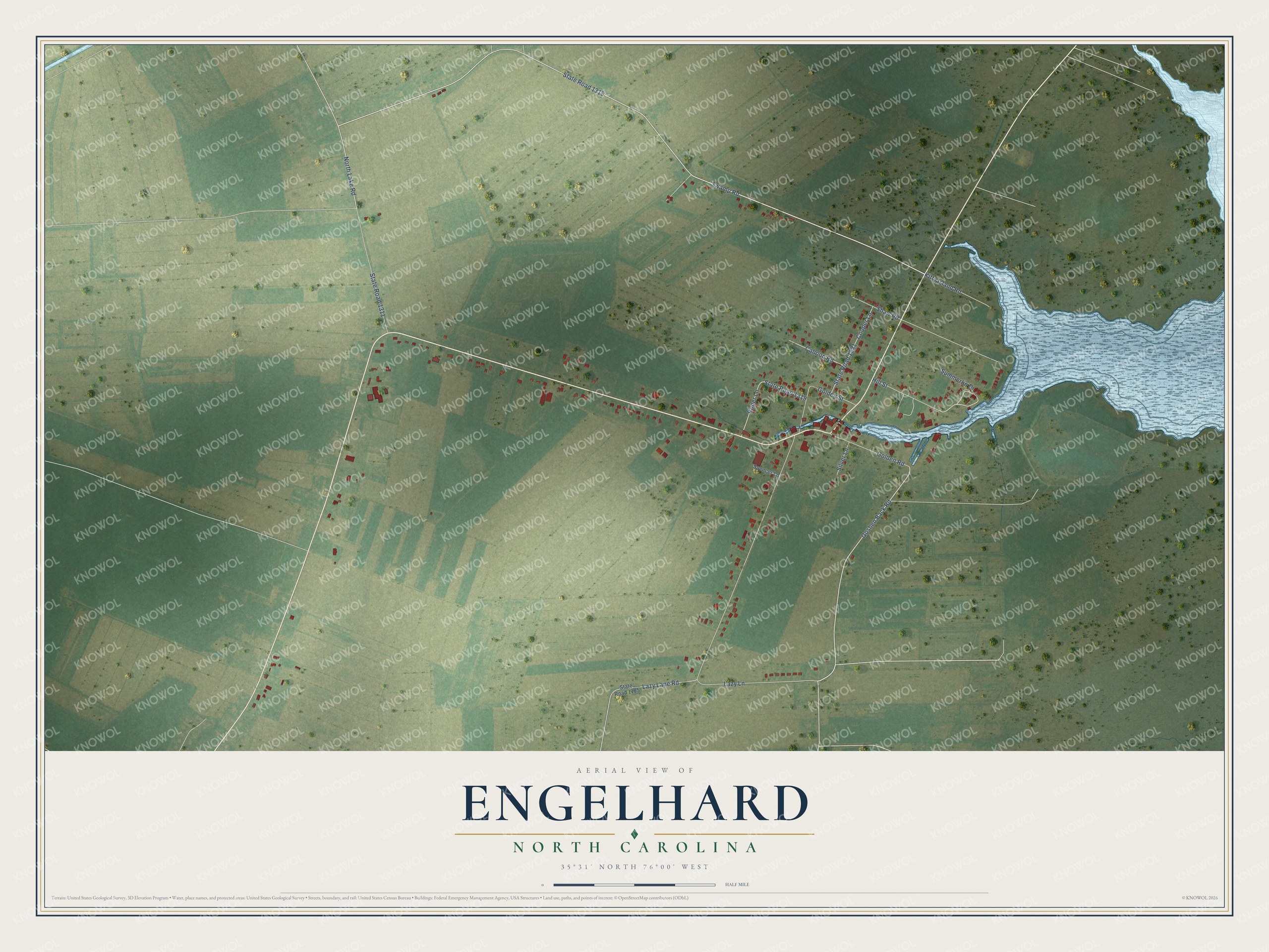 Full map of Engelhard, North Carolina, with red buildings, printed street names and the land around them