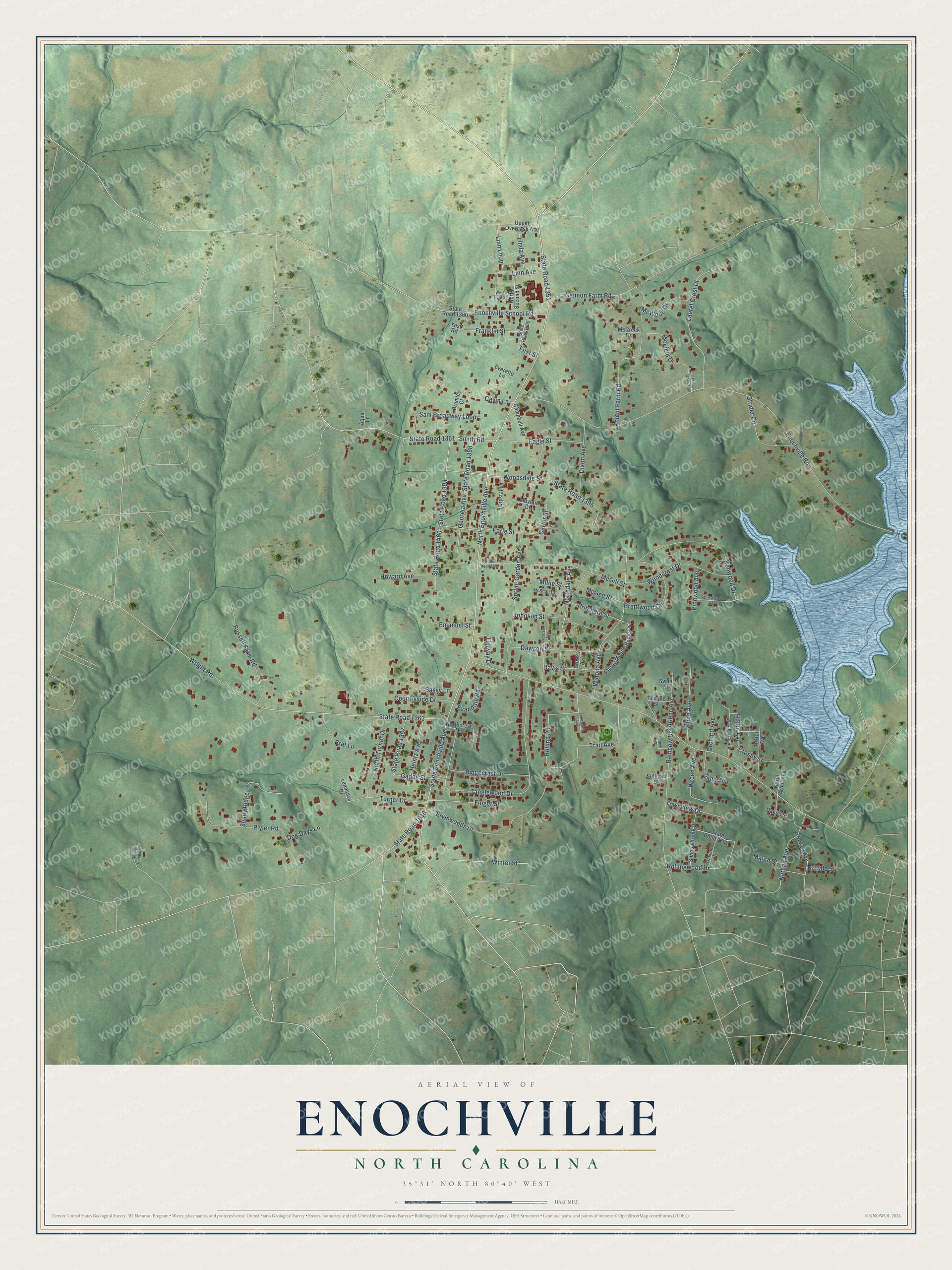 Full map of Enochville, North Carolina, with red buildings, printed street names and the land around them