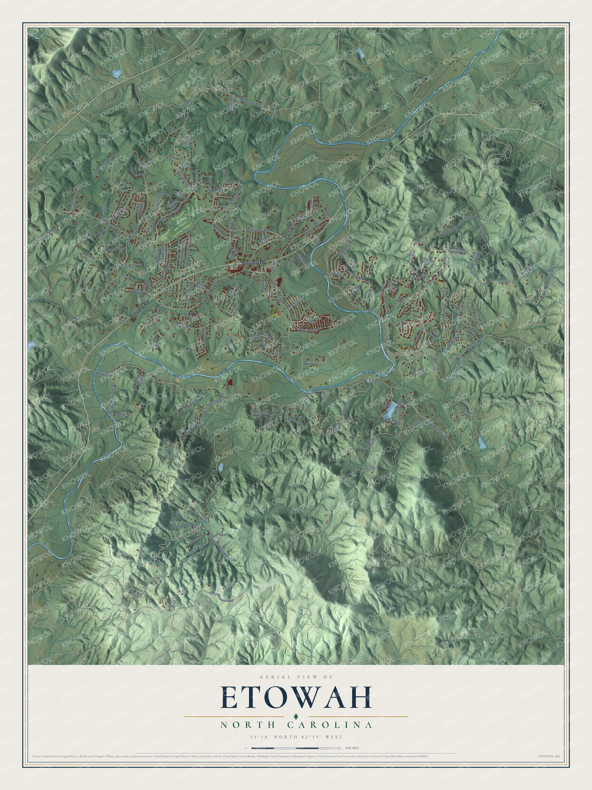 Full map of Etowah, North Carolina, with red buildings, printed street names and the land around them