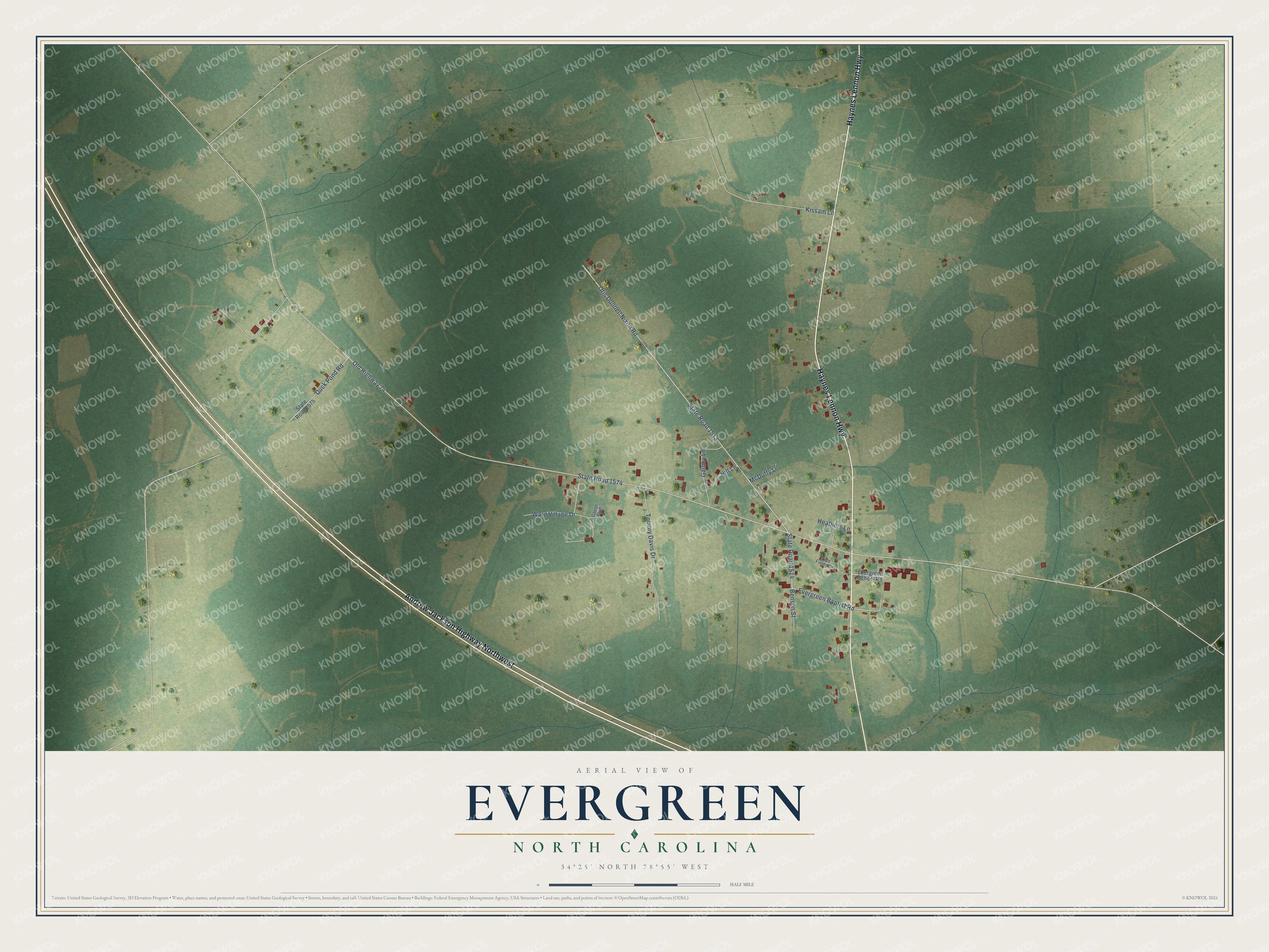 Full map of Evergreen, North Carolina, with red buildings, printed street names and the land around them