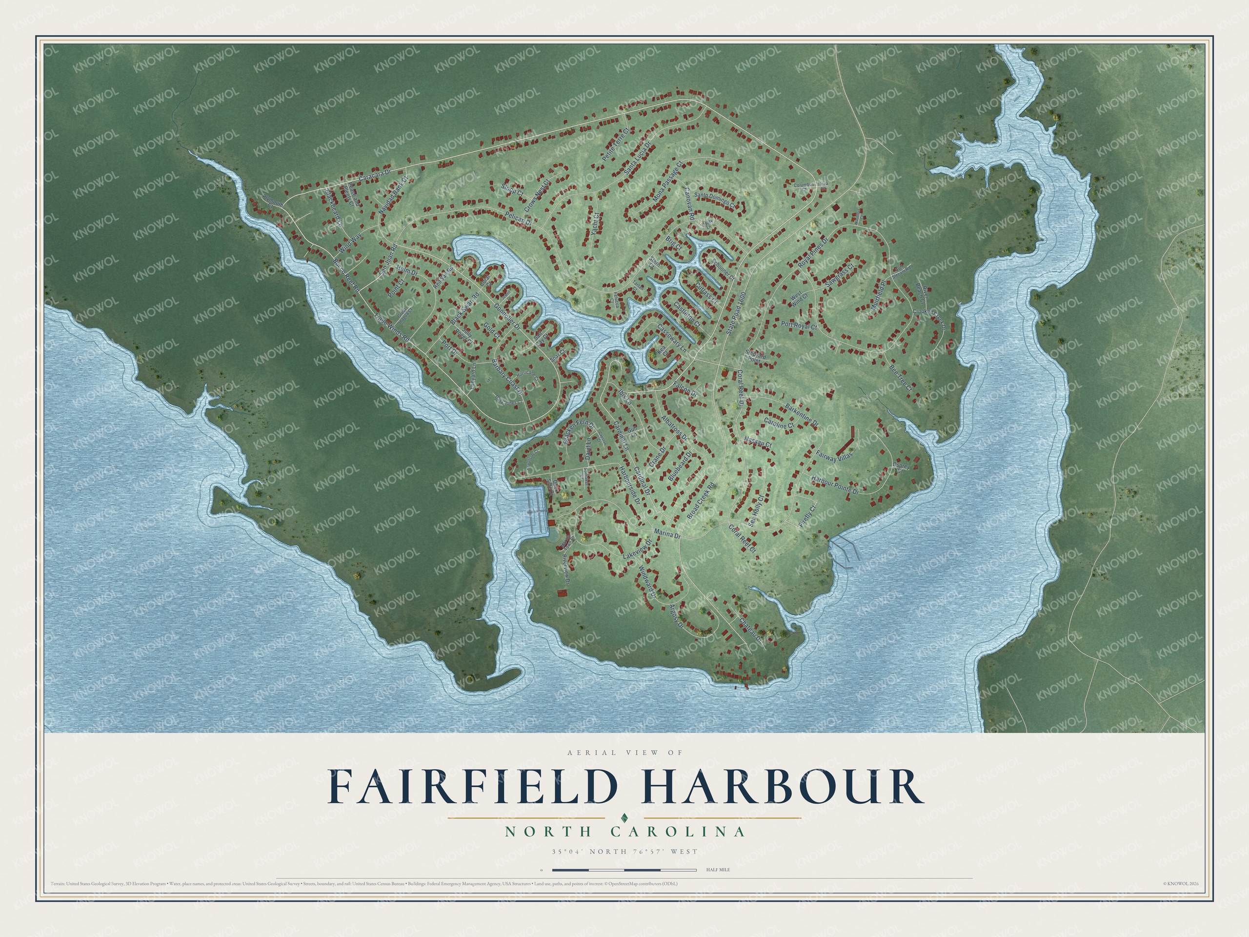 Full map of Fairfield Harbour, North Carolina, with red buildings, printed street names and the land around them