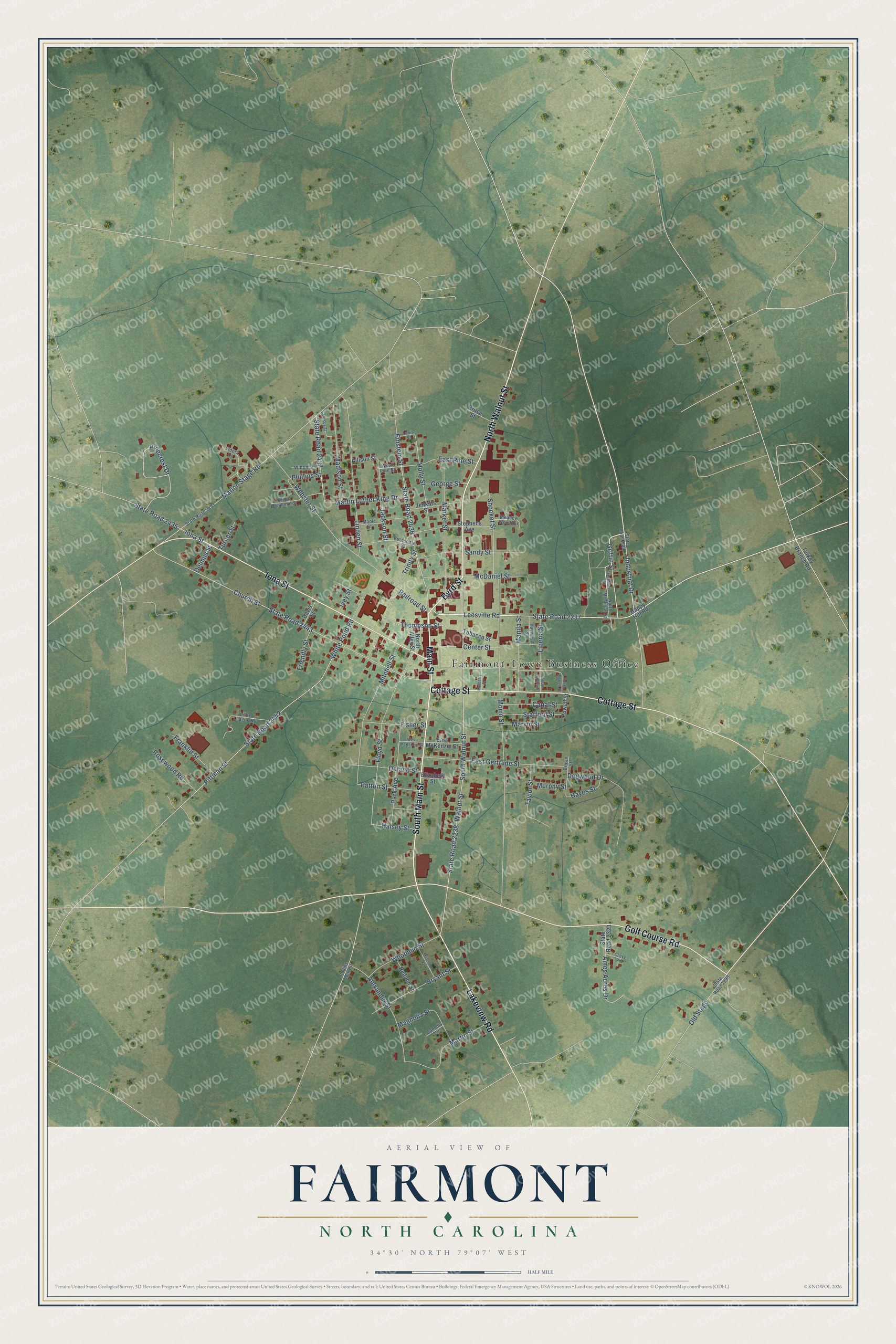 Full map of Fairmont, North Carolina, with red buildings, printed street names and the land around them
