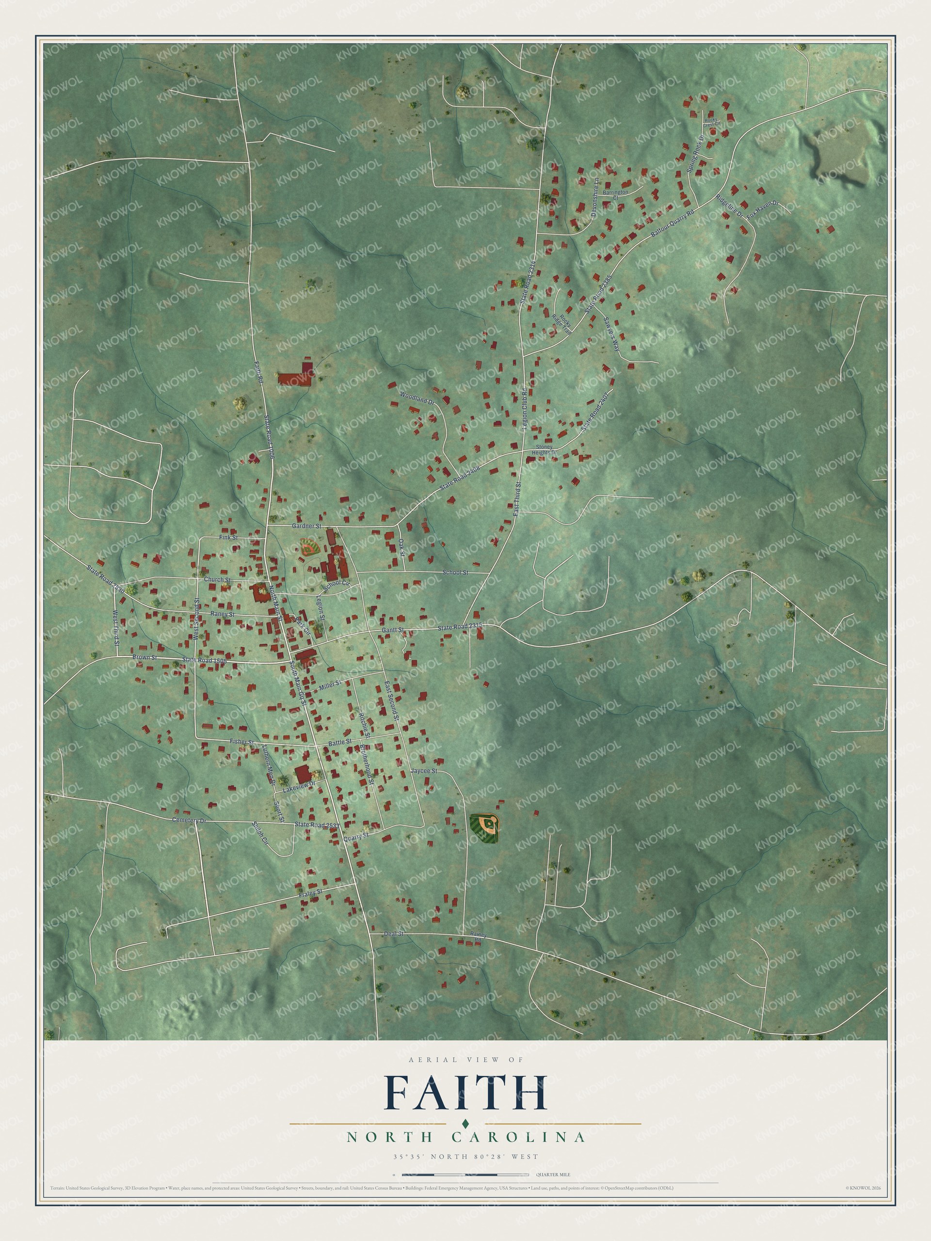 Full map of Faith, North Carolina, with red buildings, printed street names and the land around them