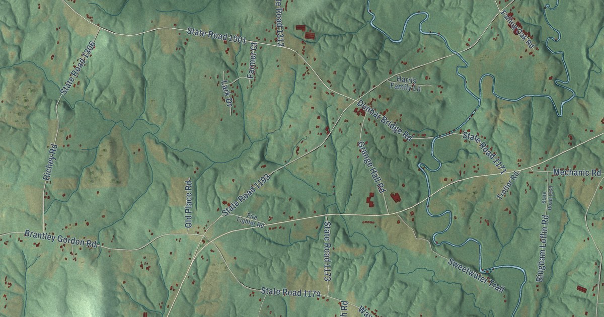Close-up of streets and buildings in Farmer, North Carolina