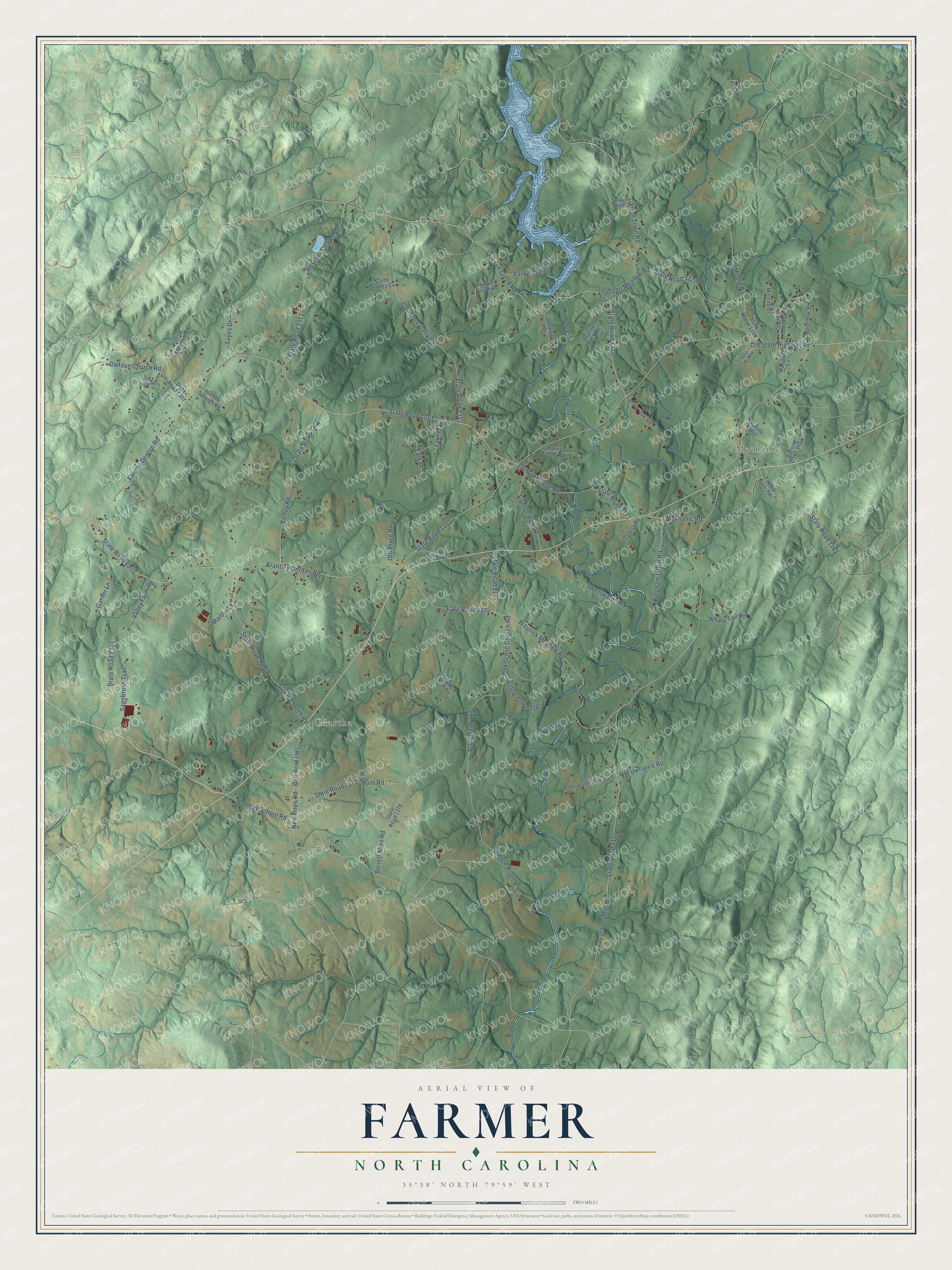 Full map of Farmer, North Carolina, with red buildings, printed street names and the land around them