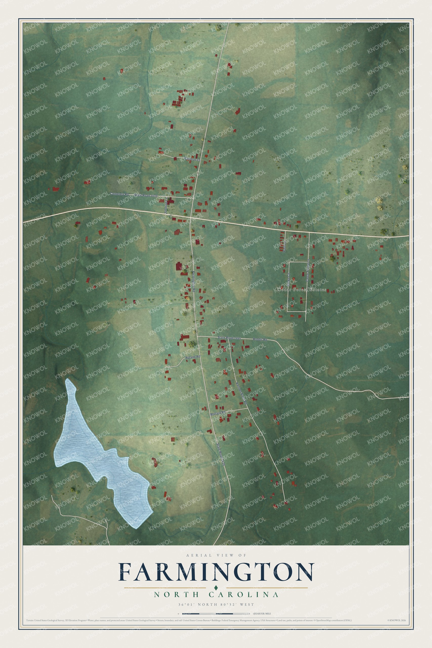 Full map of Farmington, North Carolina, with red buildings, printed street names and the land around them