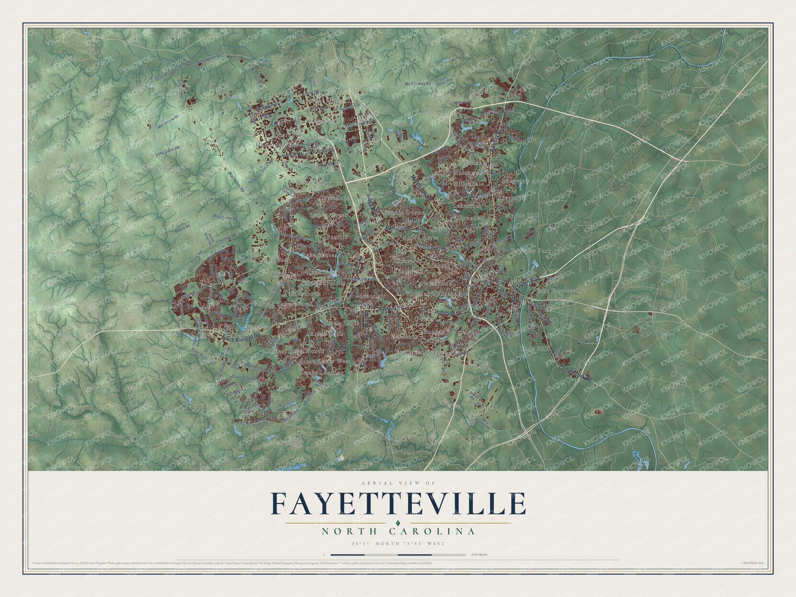 Full map of Fayetteville, North Carolina, with red buildings, printed street names and the land around them