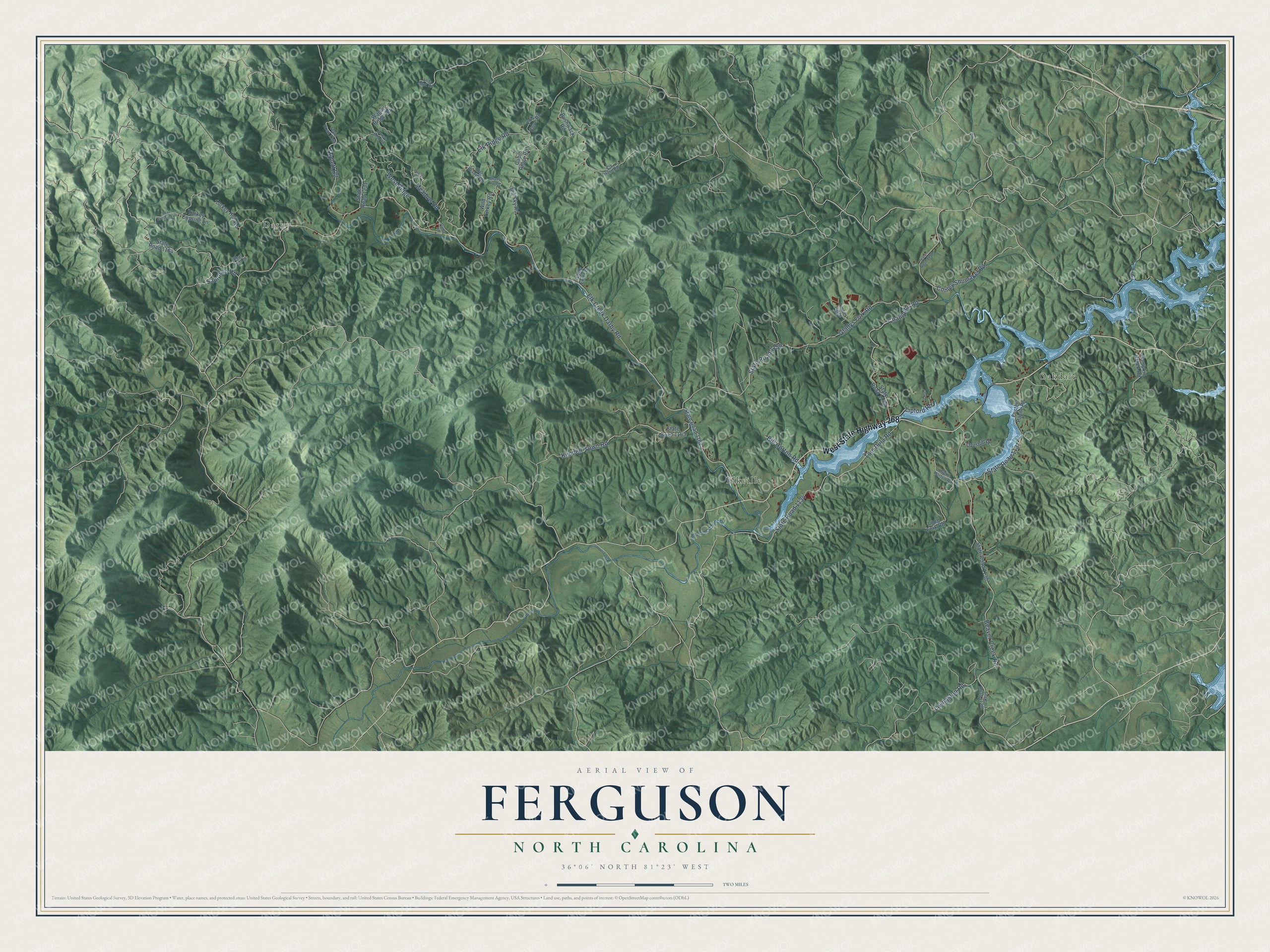 Full map of Ferguson, North Carolina, with red buildings, printed street names and the land around them