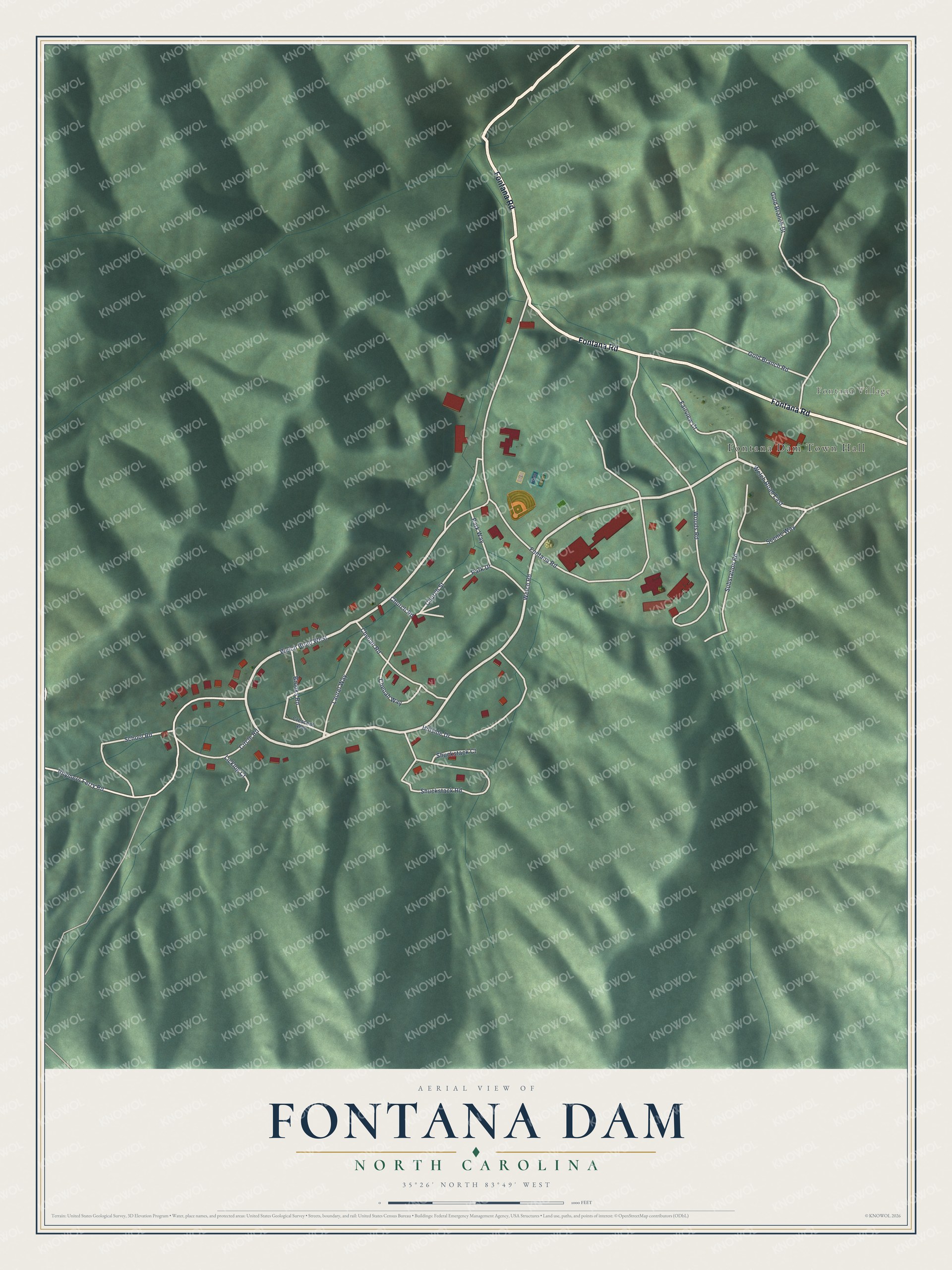 Full map of Fontana Dam, North Carolina, with red buildings, printed street names and the land around them