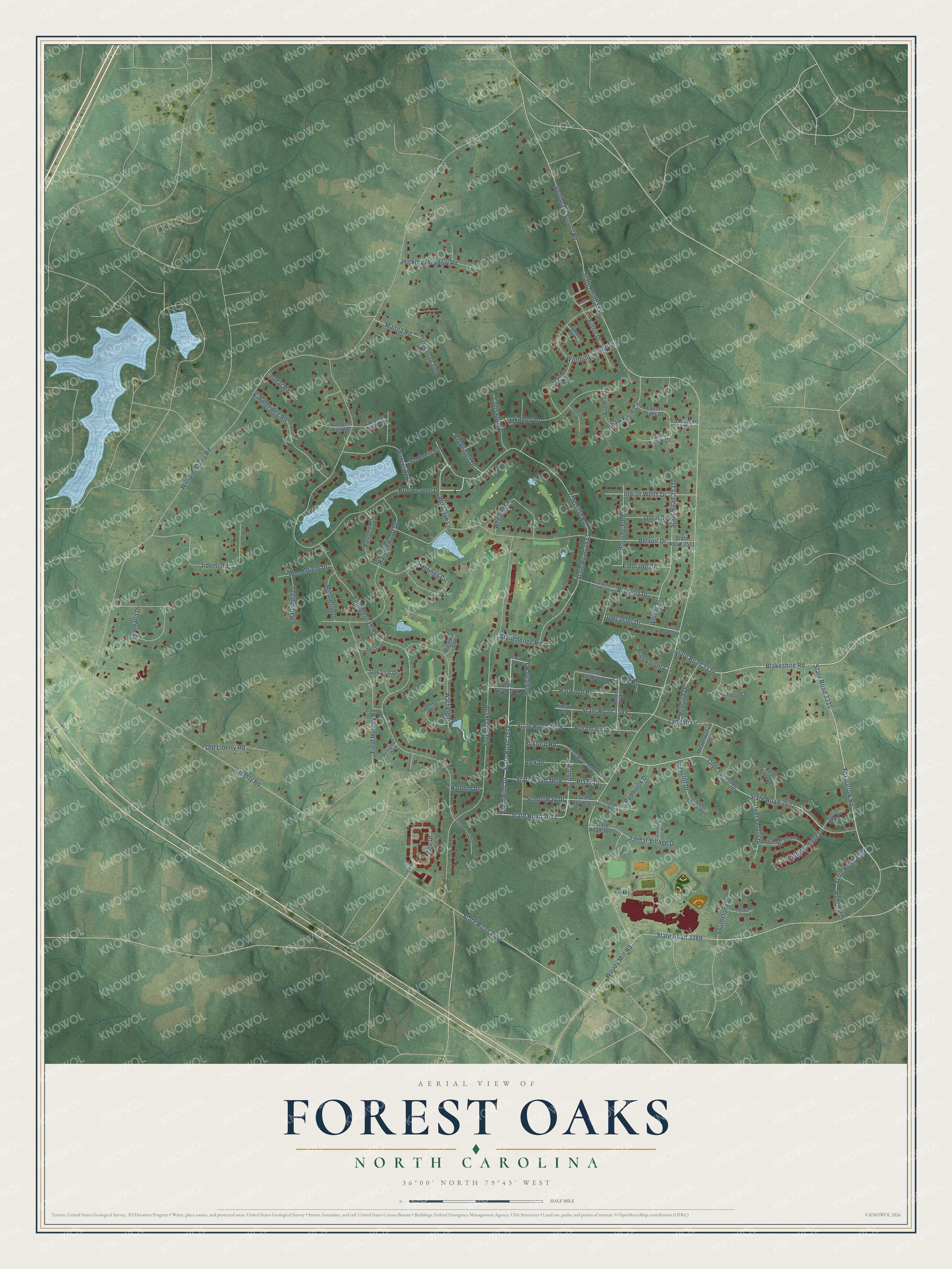 Full map of Forest Oaks, North Carolina, with red buildings, printed street names and the land around them