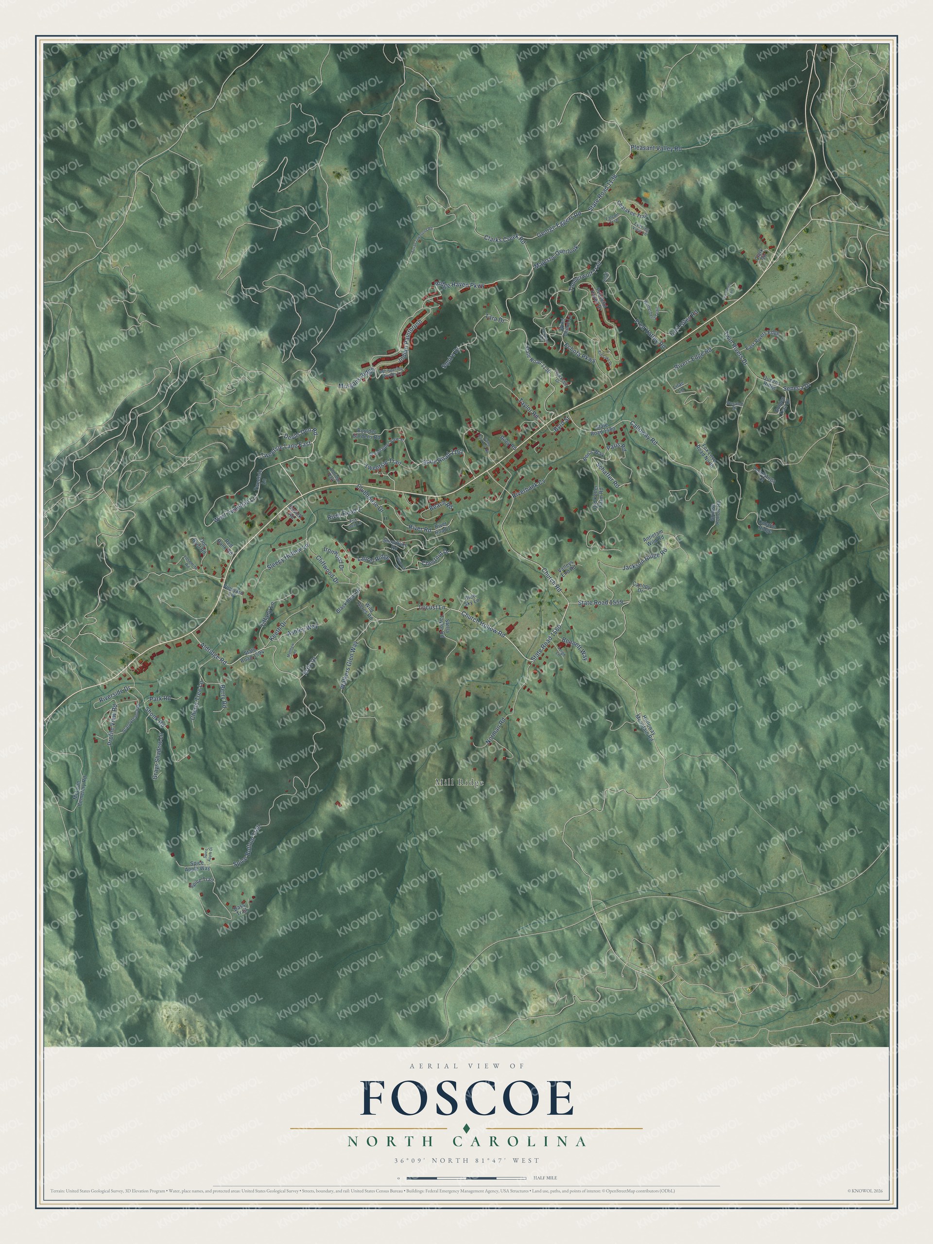 Full map of Foscoe, North Carolina, with red buildings, printed street names and the land around them