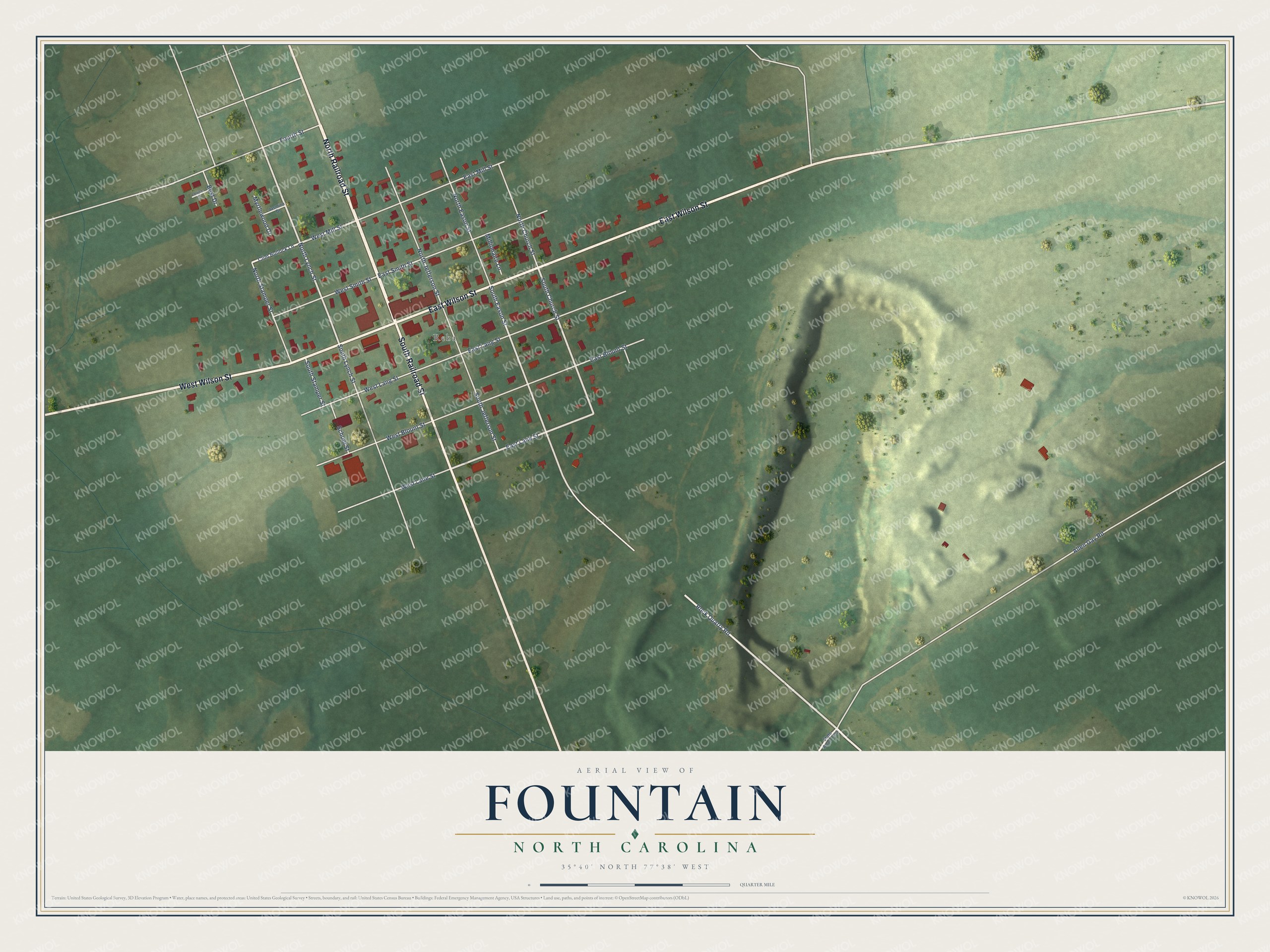 Full map of Fountain, North Carolina, with red buildings, printed street names and the land around them