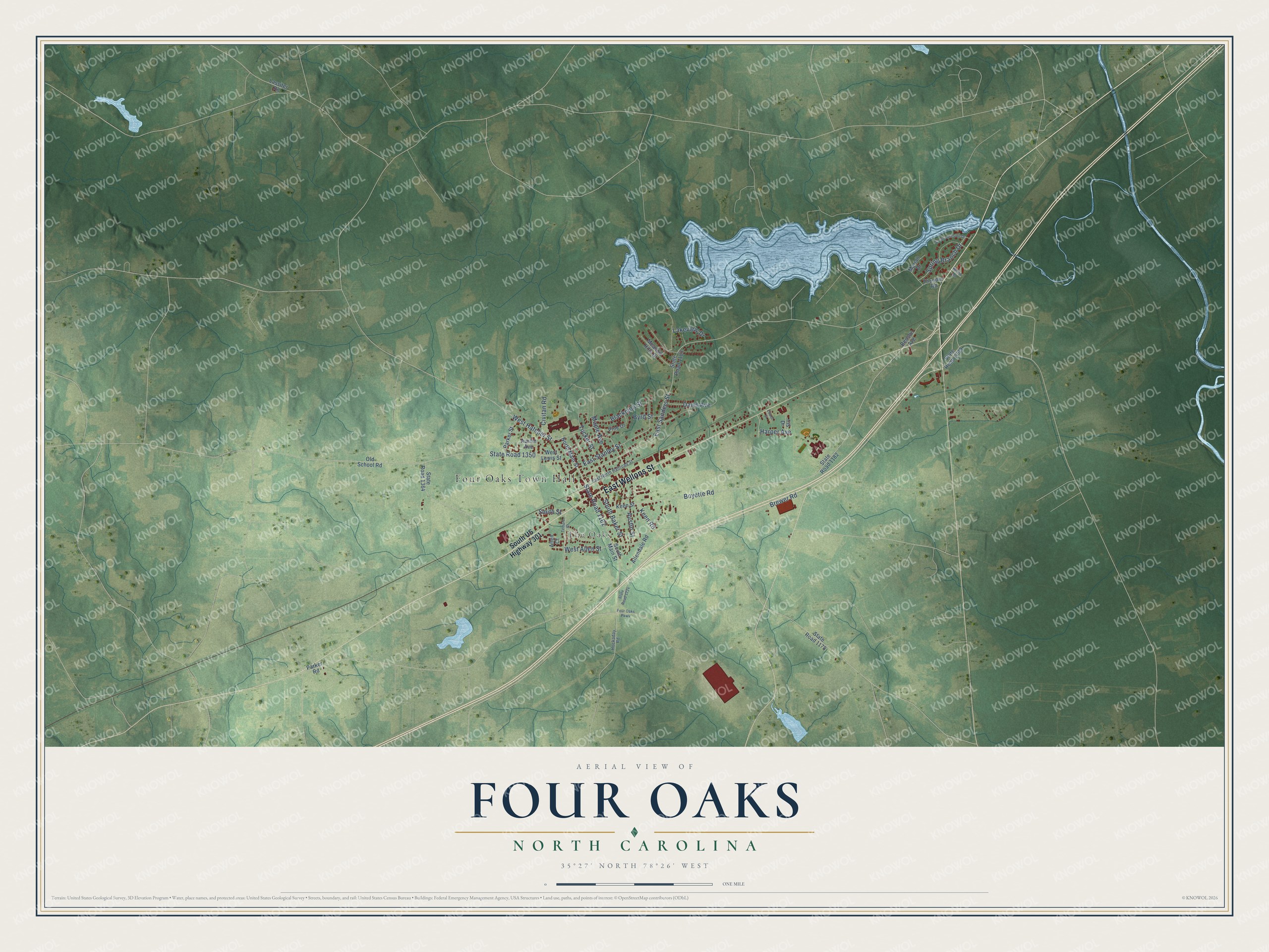Watermarked full-map preview of Four Oaks, North Carolina