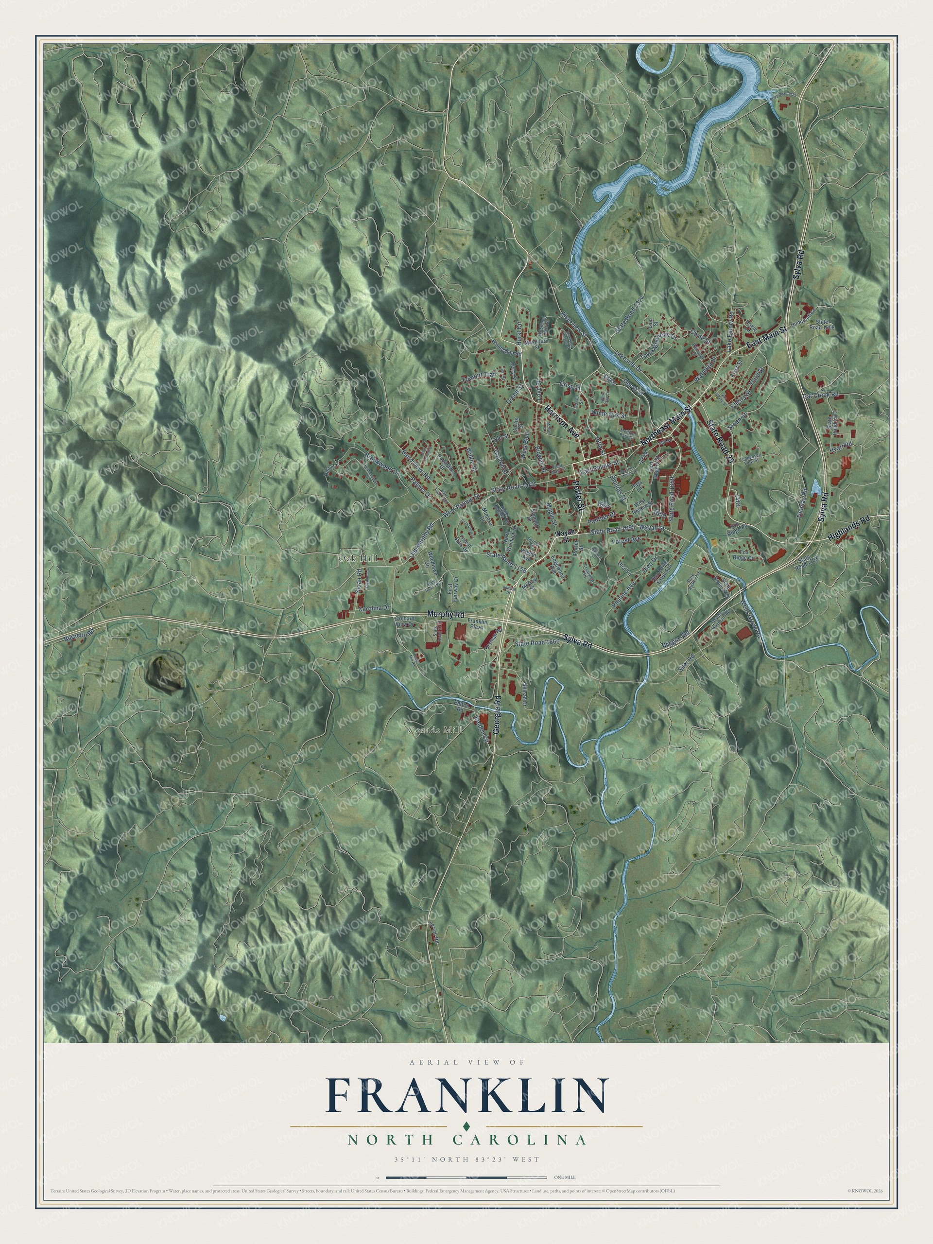 Full map of Franklin, North Carolina, with red buildings, printed street names and the land around them