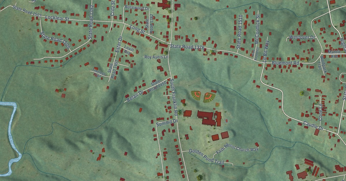 Close-up of streets and buildings in Franklin, Surry County, North Carolina