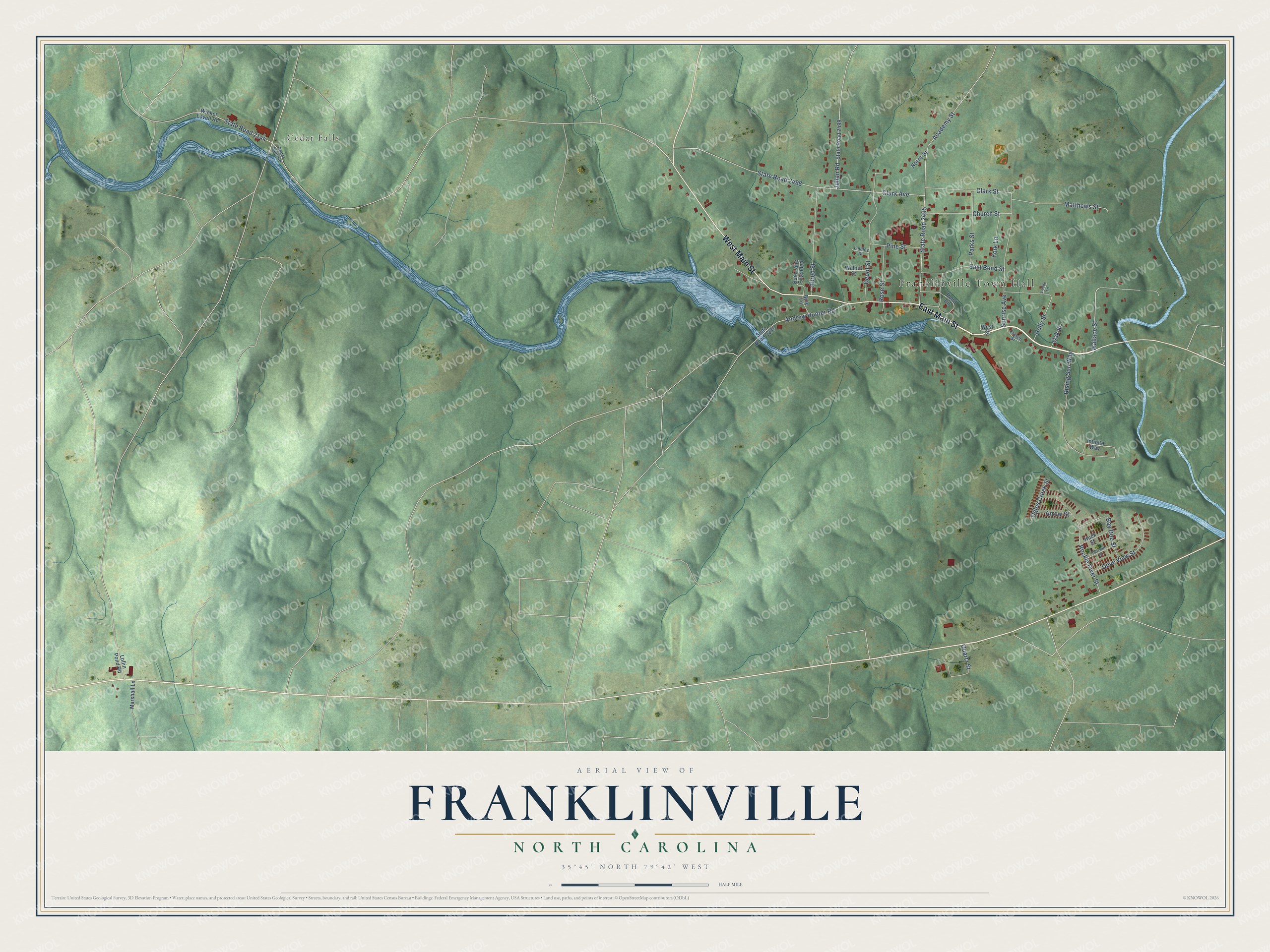 Full map of Franklinville, North Carolina, with red buildings, printed street names and the land around them