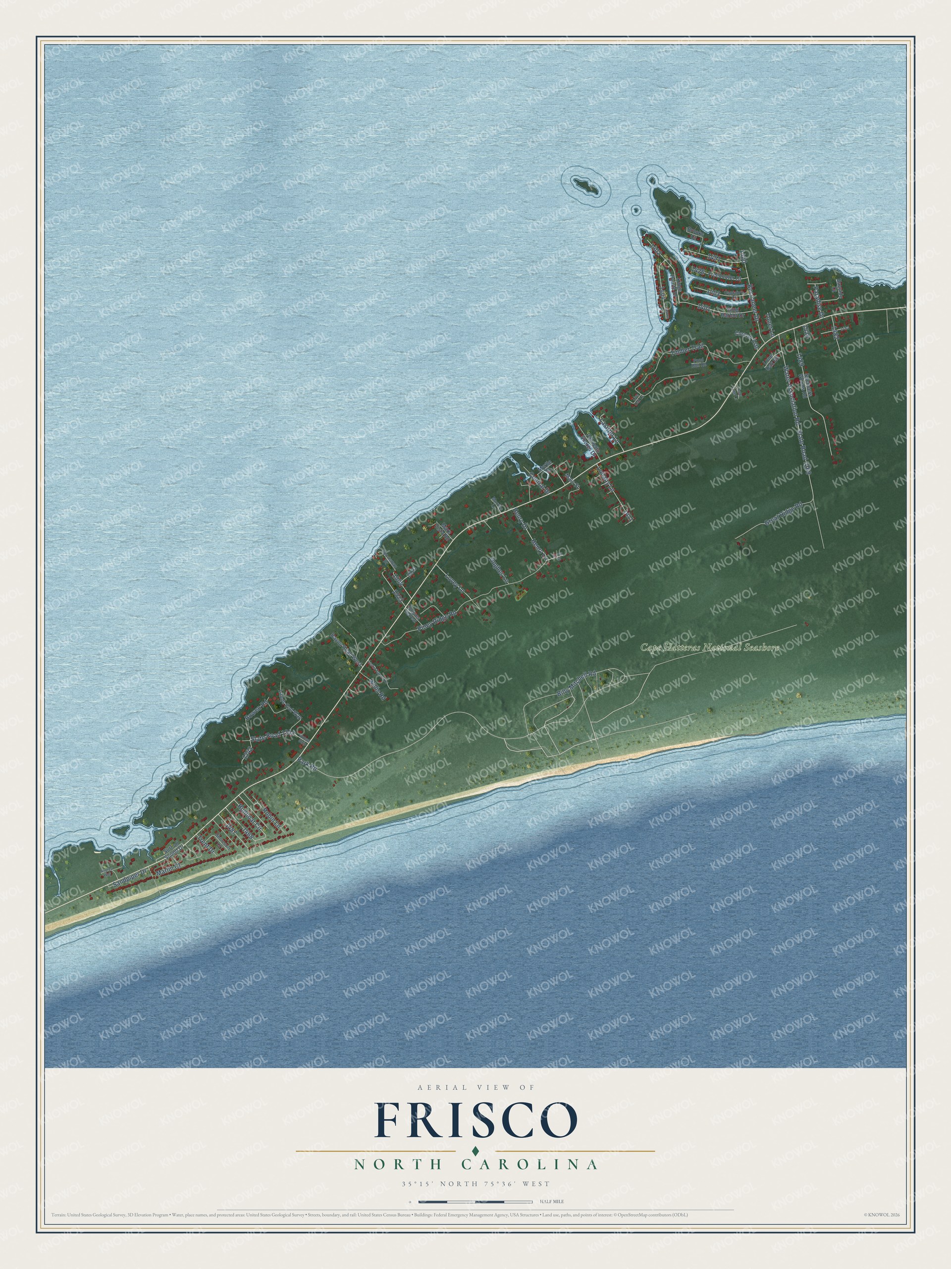 Full map of Frisco, North Carolina, with red buildings, printed street names and the land around them