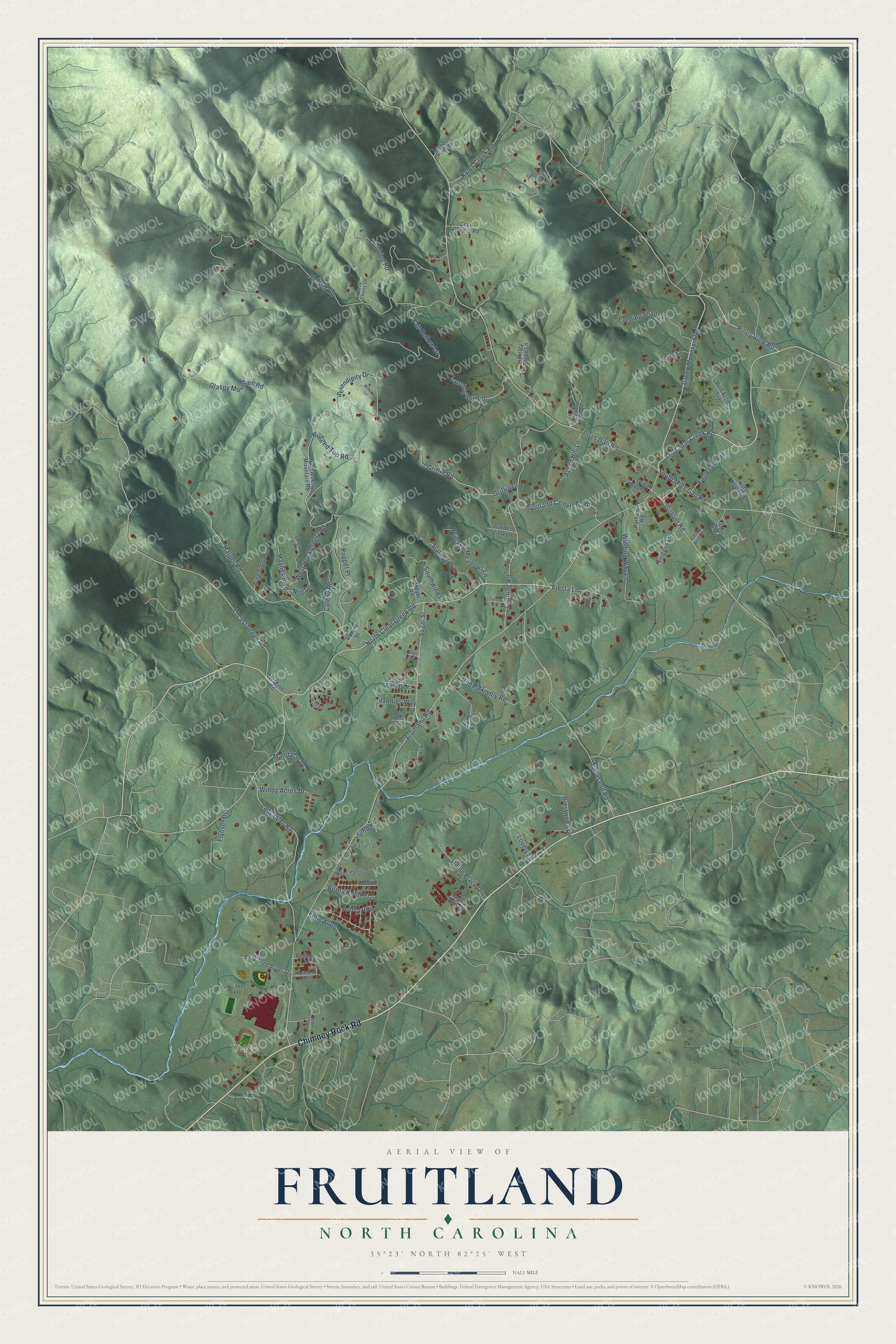 Full map of Fruitland, North Carolina, with red buildings, printed street names and the land around them