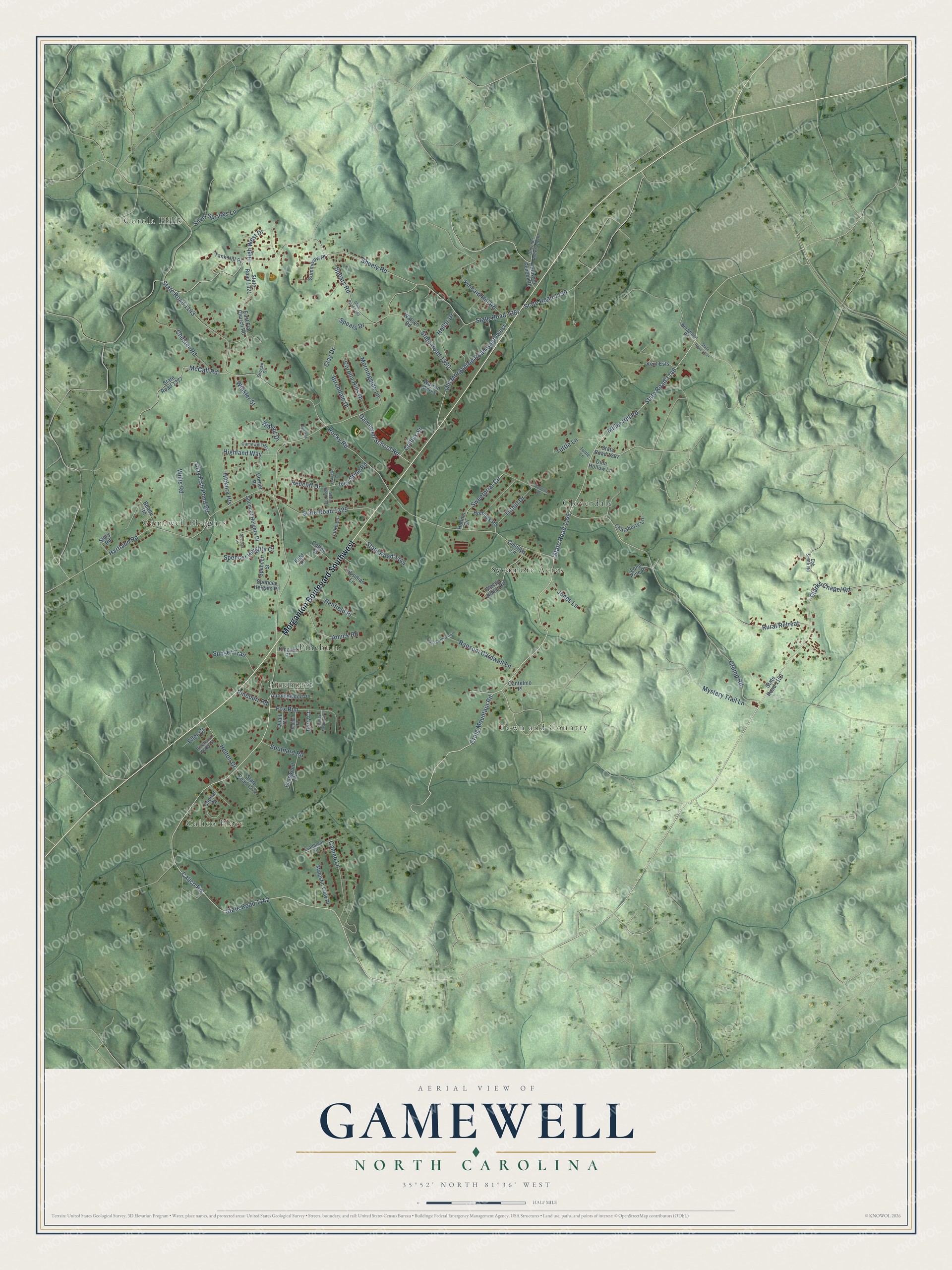 Full map of Gamewell, North Carolina, with red buildings, printed street names and the land around them