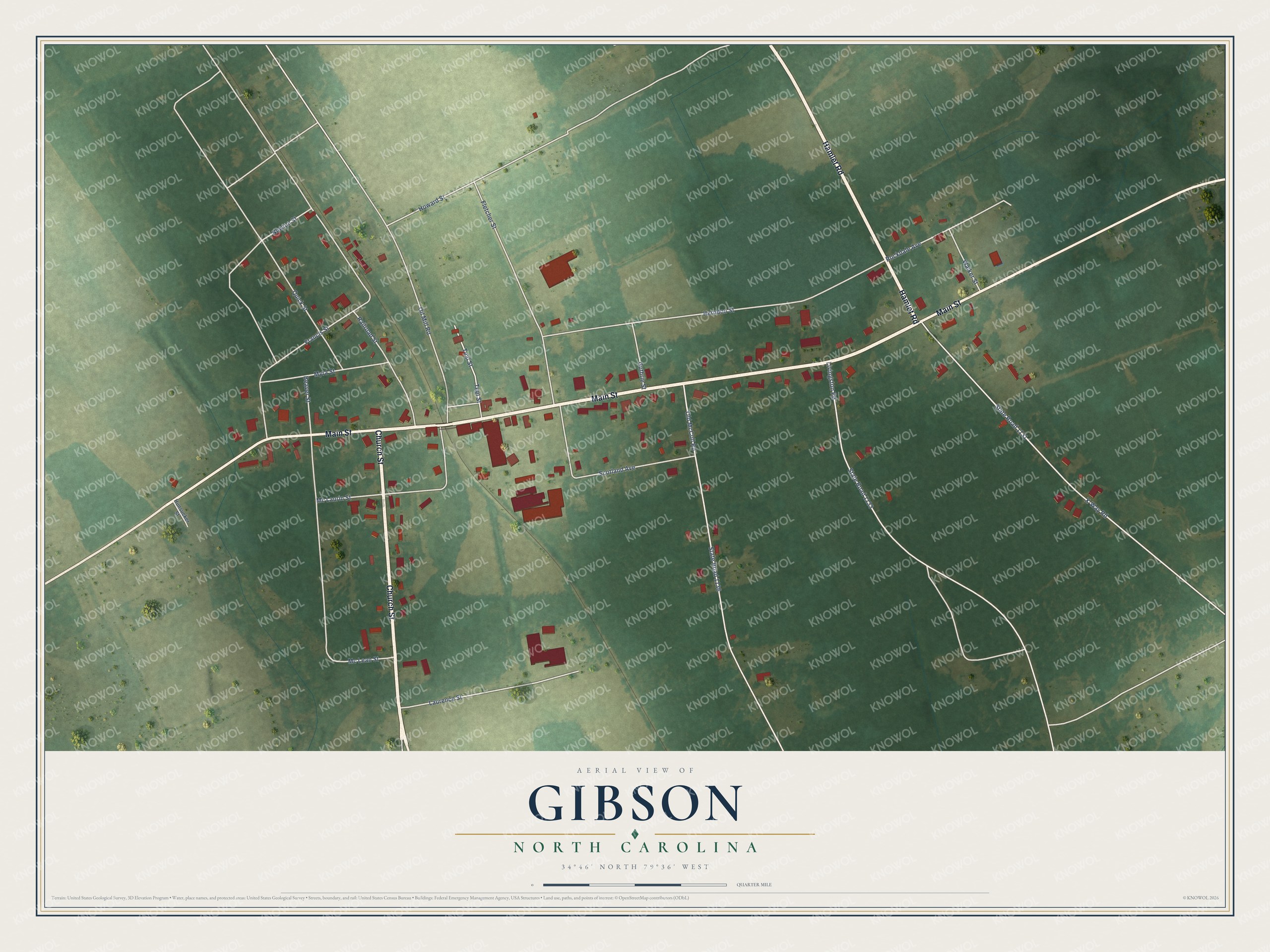 Full map of Gibson, North Carolina, with red buildings, printed street names and the land around them