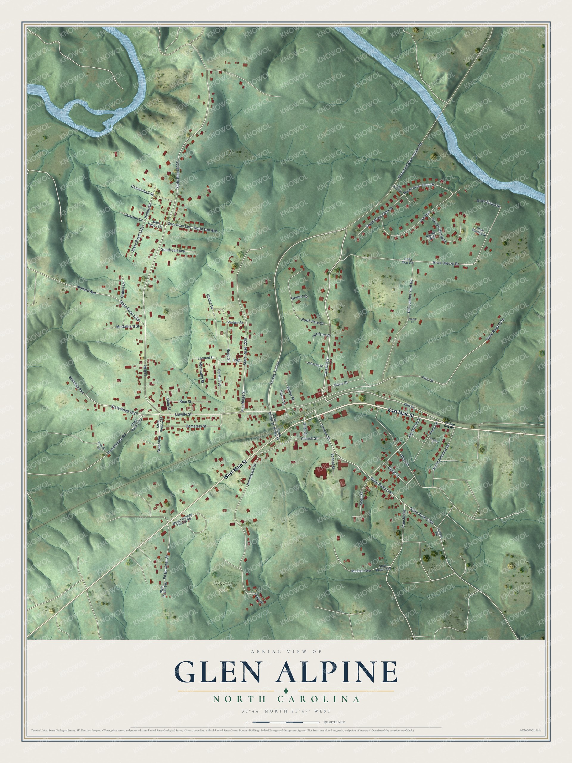 Full map of Glen Alpine, North Carolina, with red buildings, printed street names and the land around them