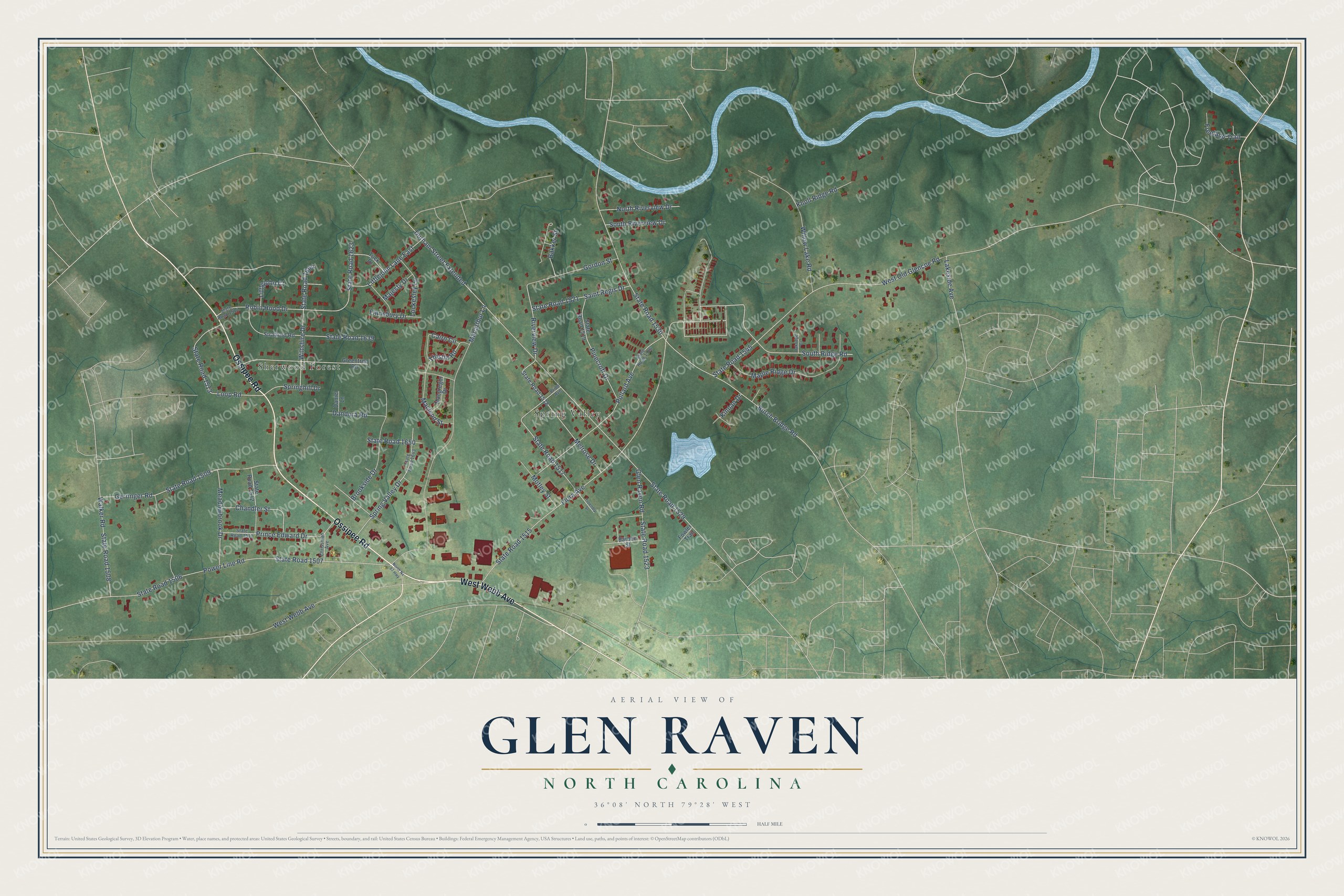 Full map of Glen Raven, North Carolina, with red buildings, printed street names and the land around them