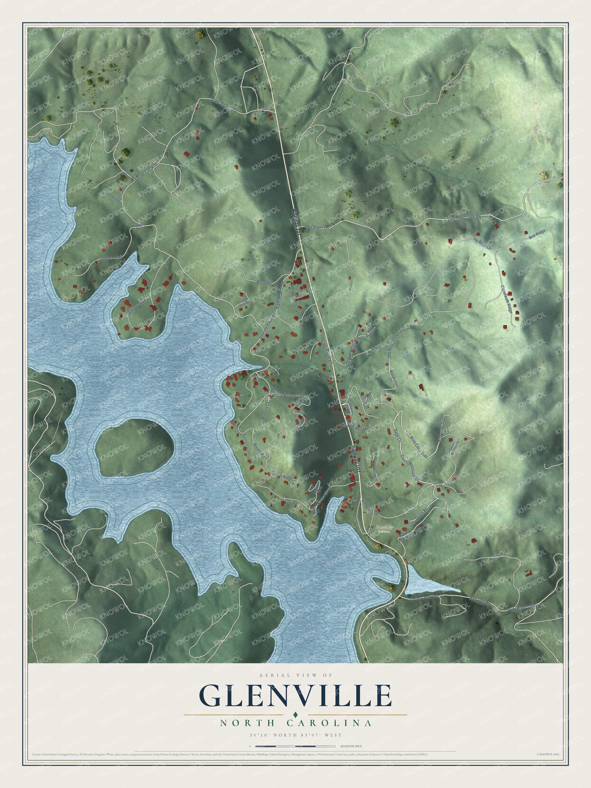 Full map of Glenville, North Carolina, with red buildings, printed street names and the land around them