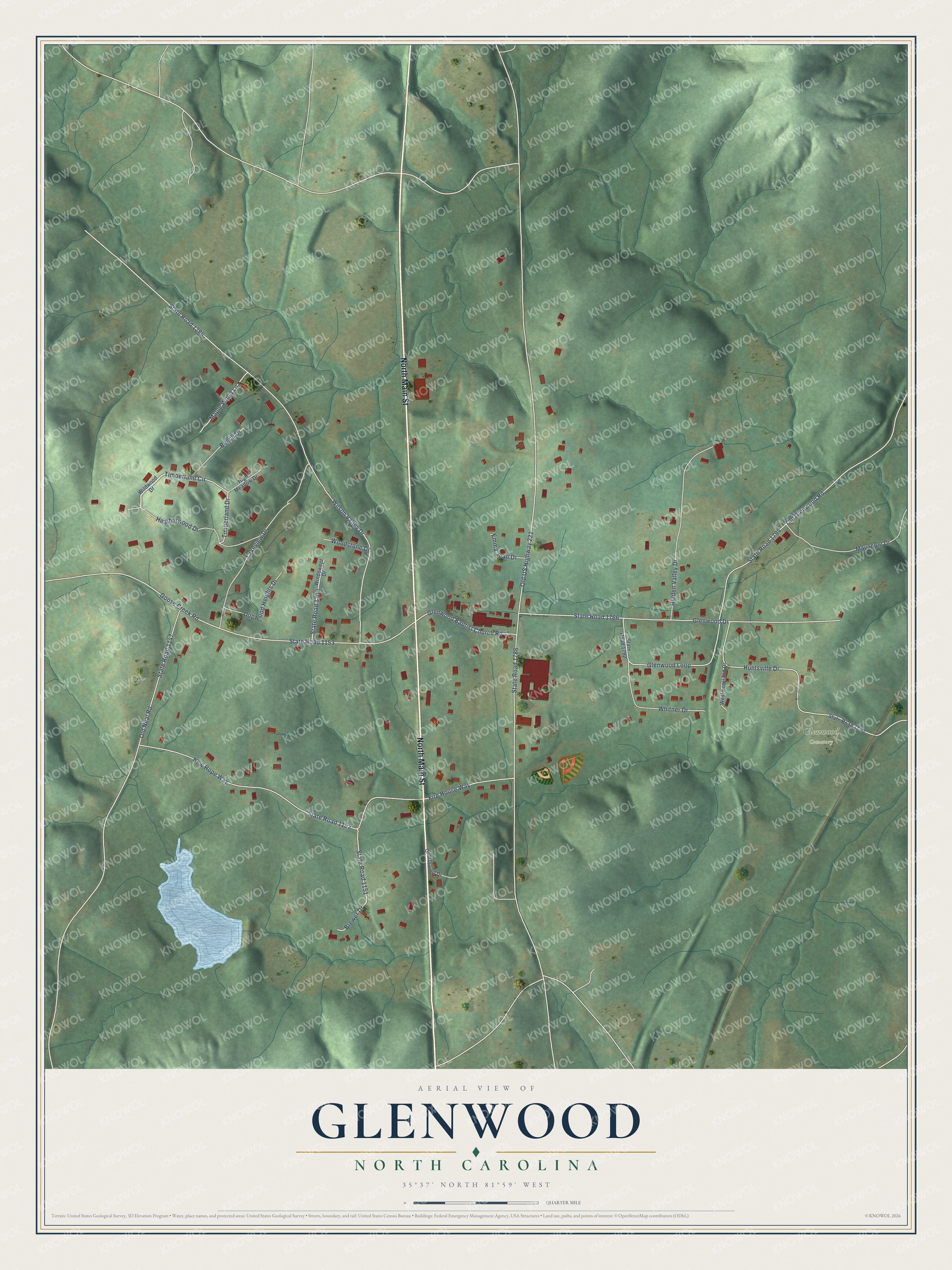 Full map of Glenwood, North Carolina, with red buildings, printed street names and the land around them