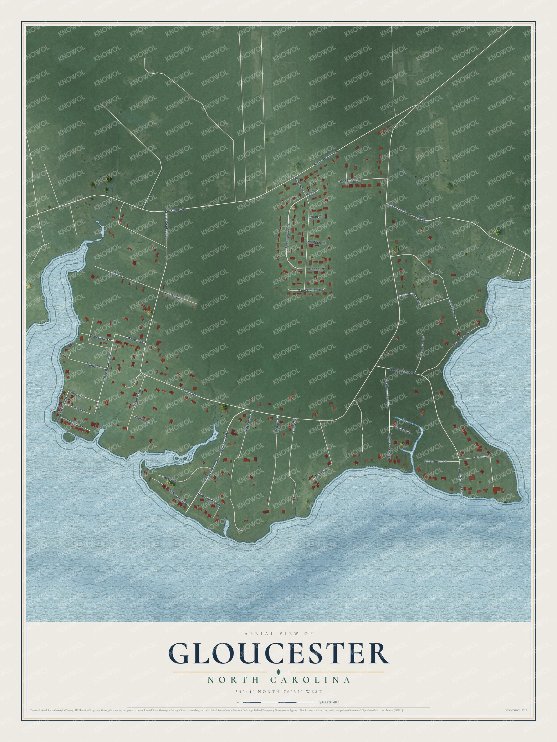Full map of Gloucester, North Carolina, with red buildings, printed street names and the land around them
