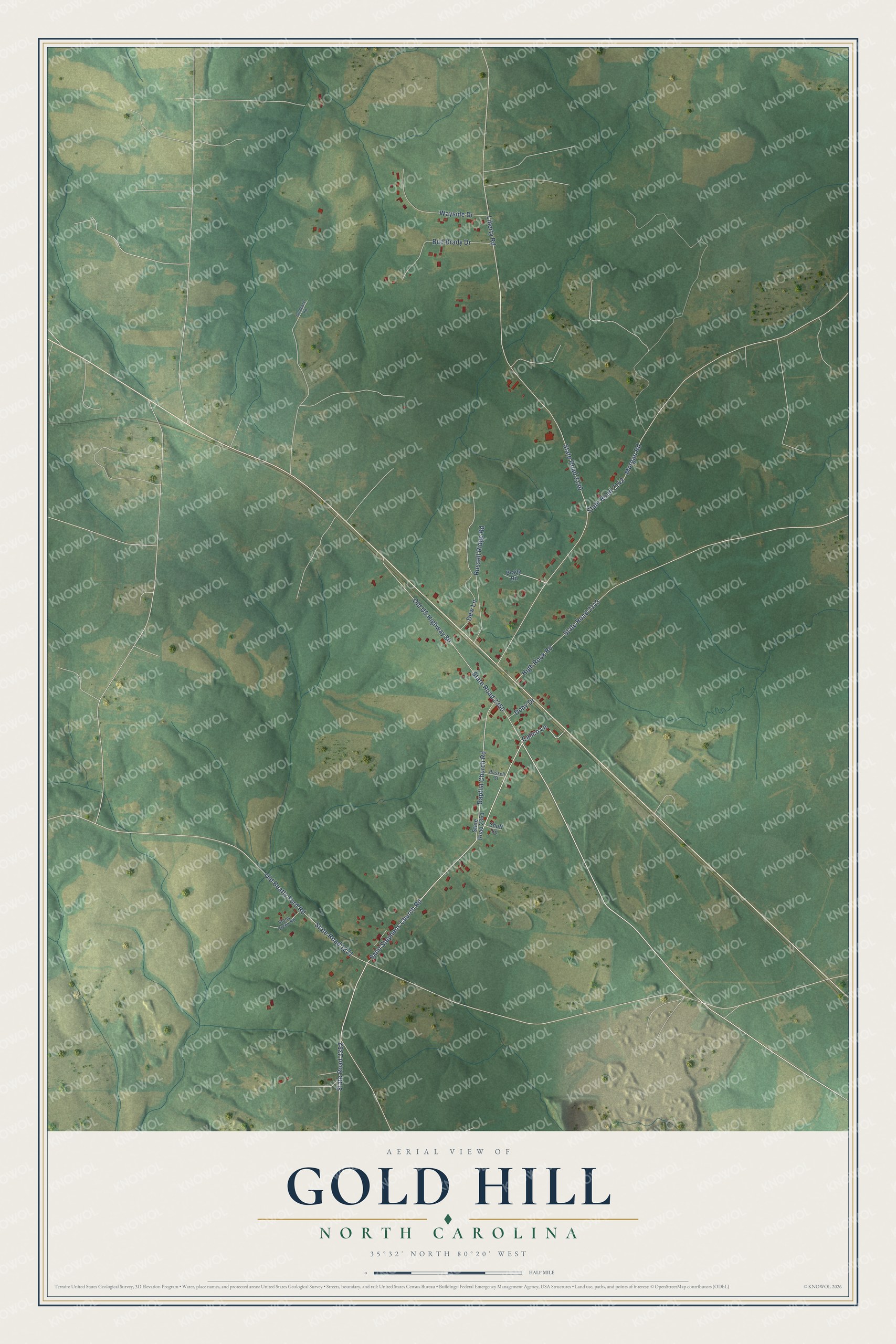 Full map of Gold Hill, North Carolina, with red buildings, printed street names and the land around them