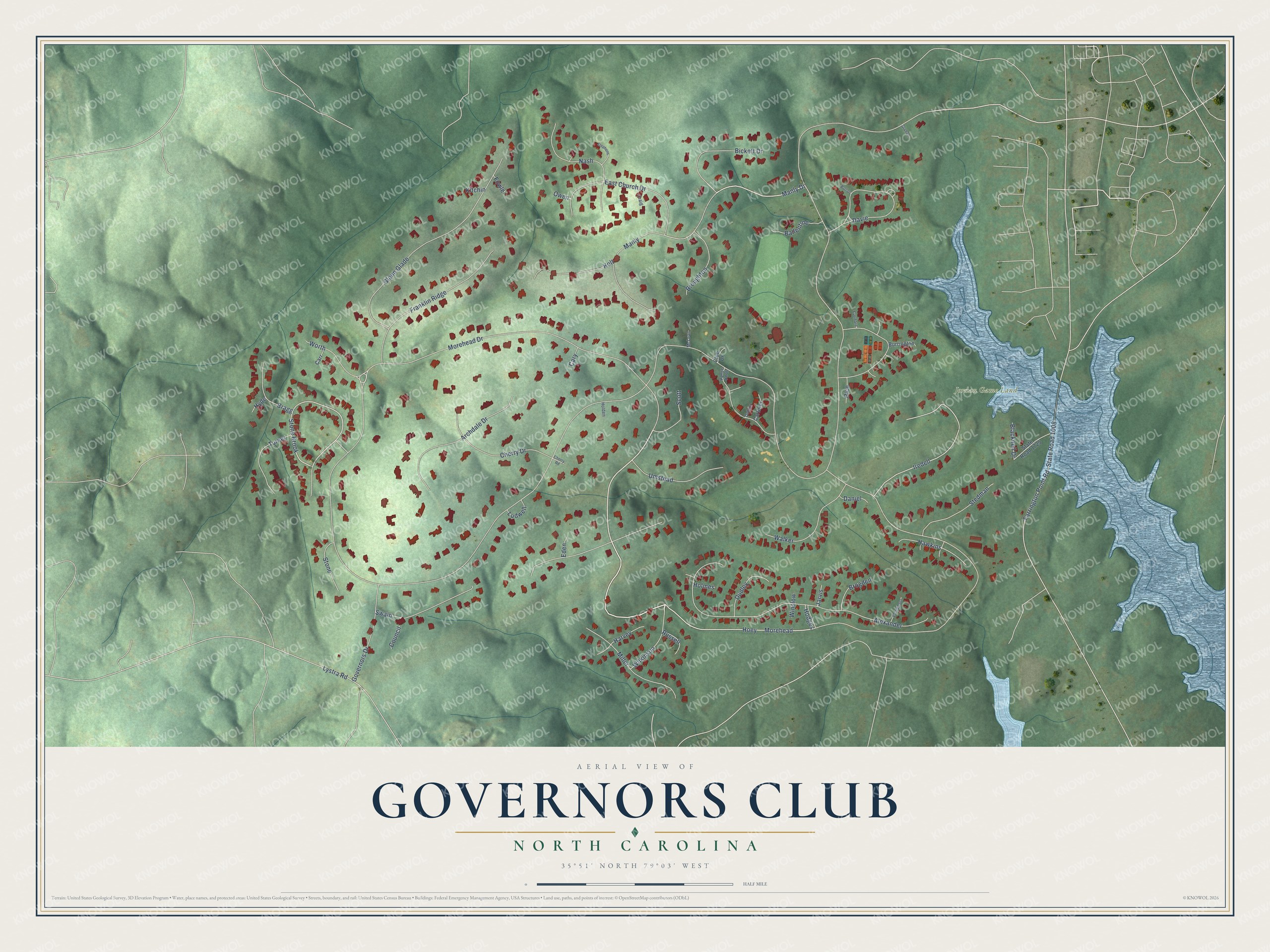 Full map of Governors Club, North Carolina, with red buildings, printed street names and the land around them