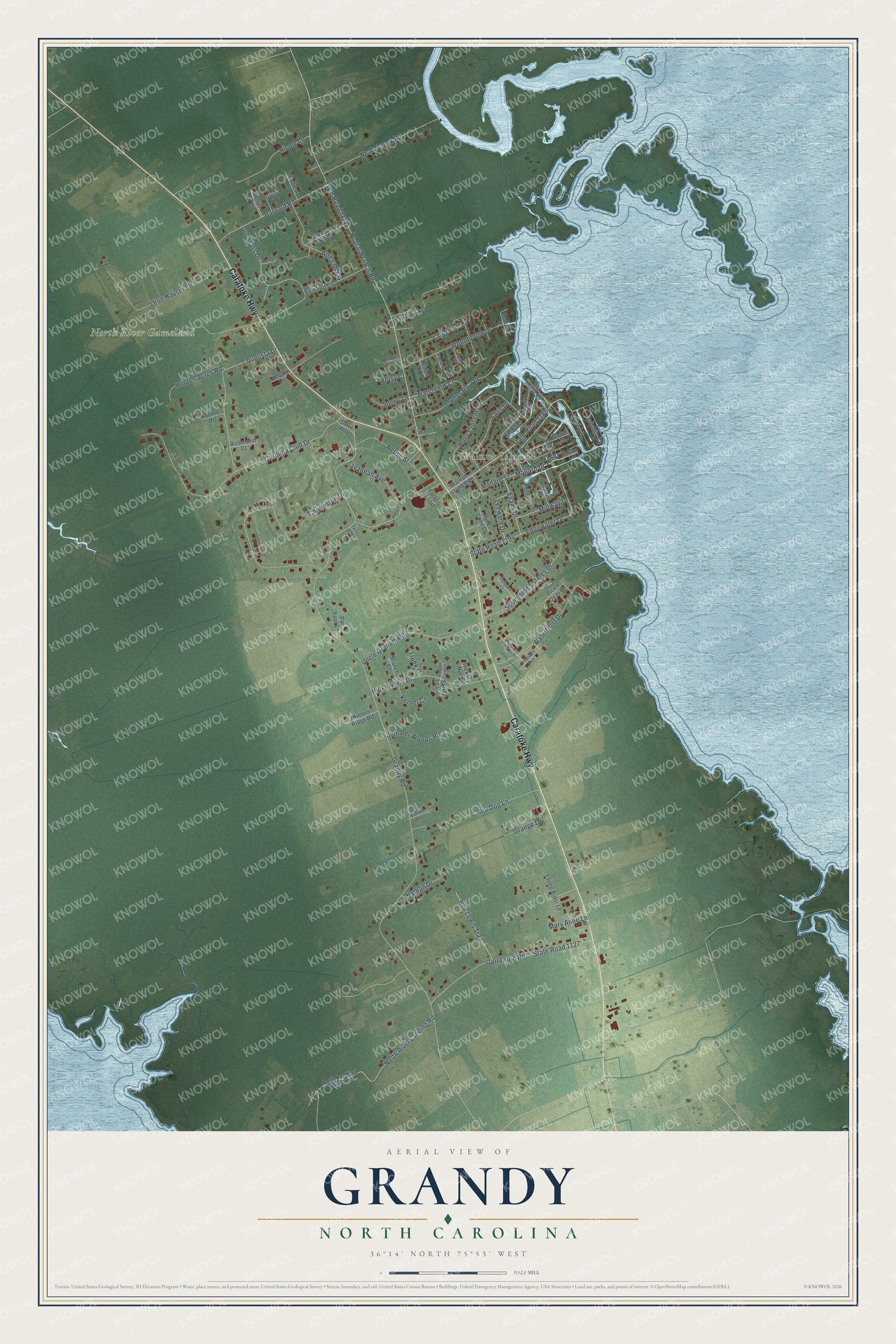 Full map of Grandy, North Carolina, with red buildings, printed street names and the land around them