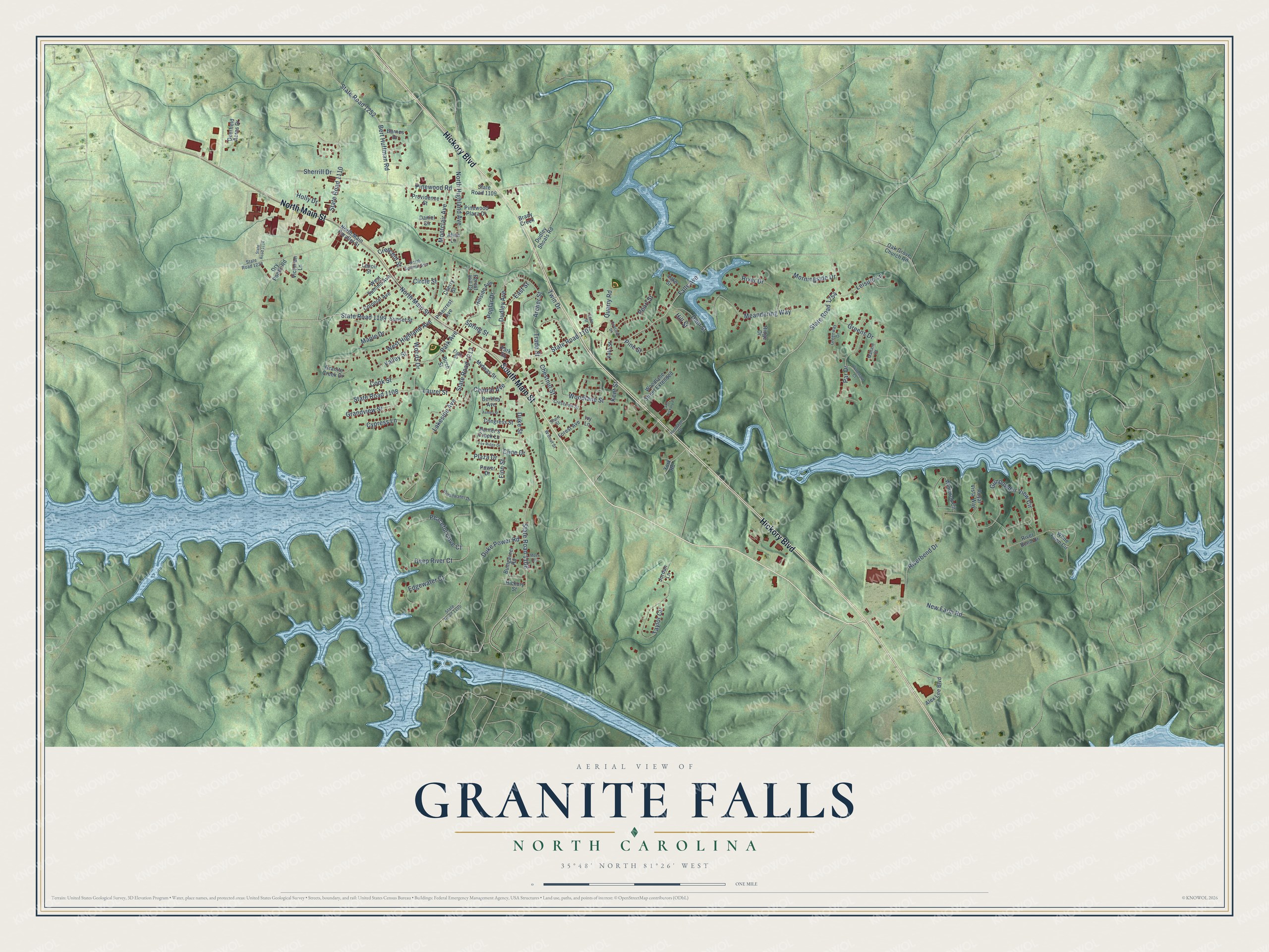 Full map of Granite Falls, North Carolina, with red buildings, printed street names and the land around them