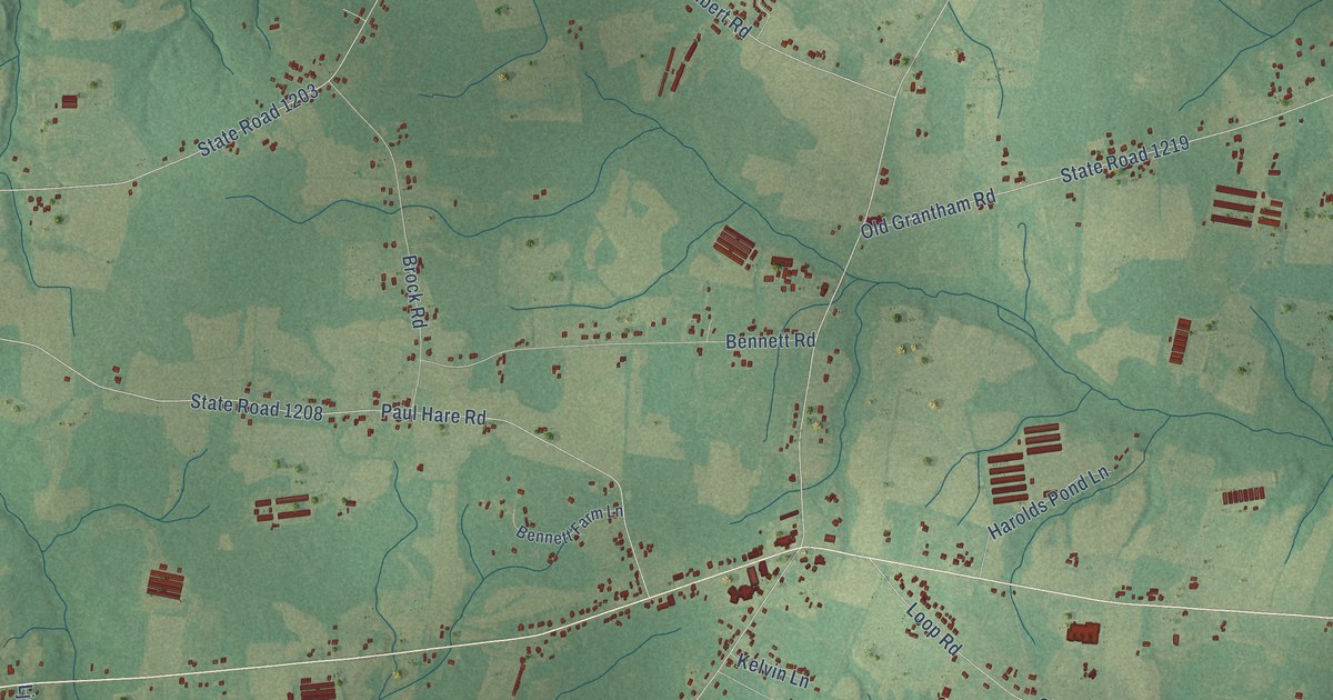 Close-up of streets and buildings in Grantham, North Carolina