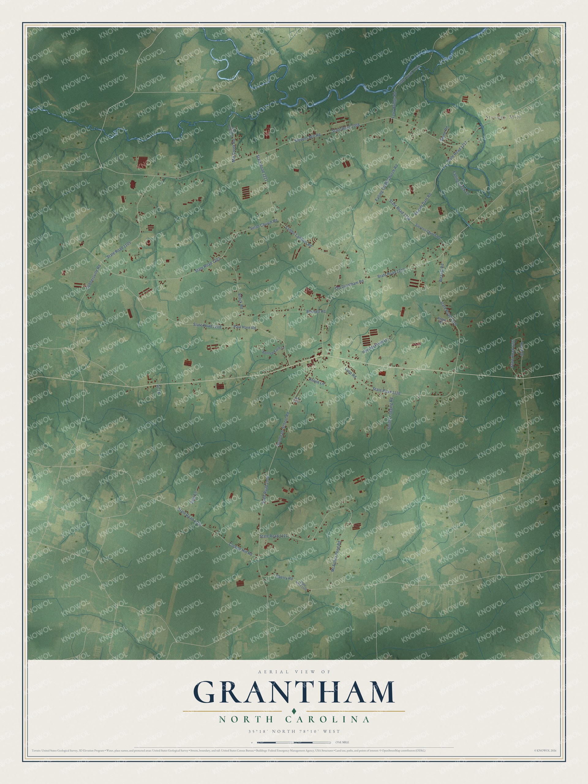 Full map of Grantham, North Carolina, with red buildings, printed street names and the land around them