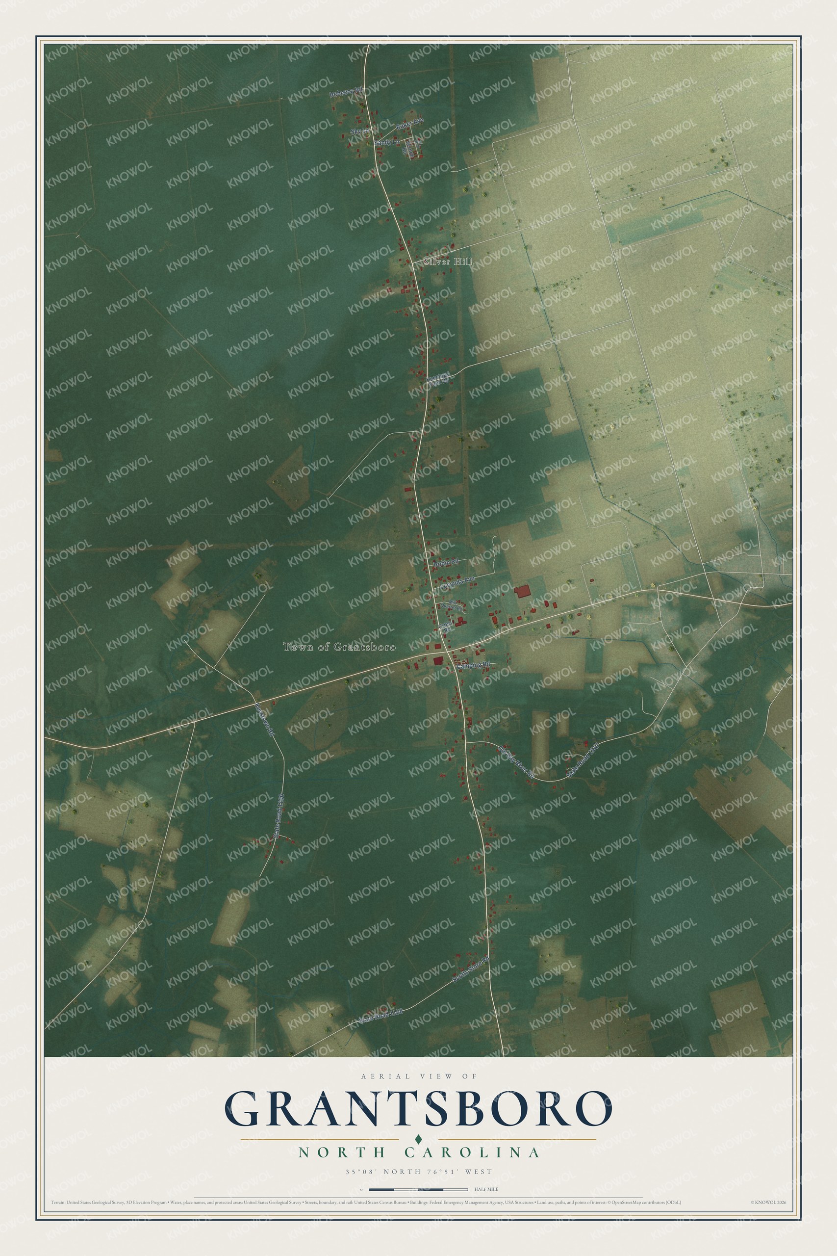 Full map of Grantsboro, North Carolina, with red buildings, printed street names and the land around them