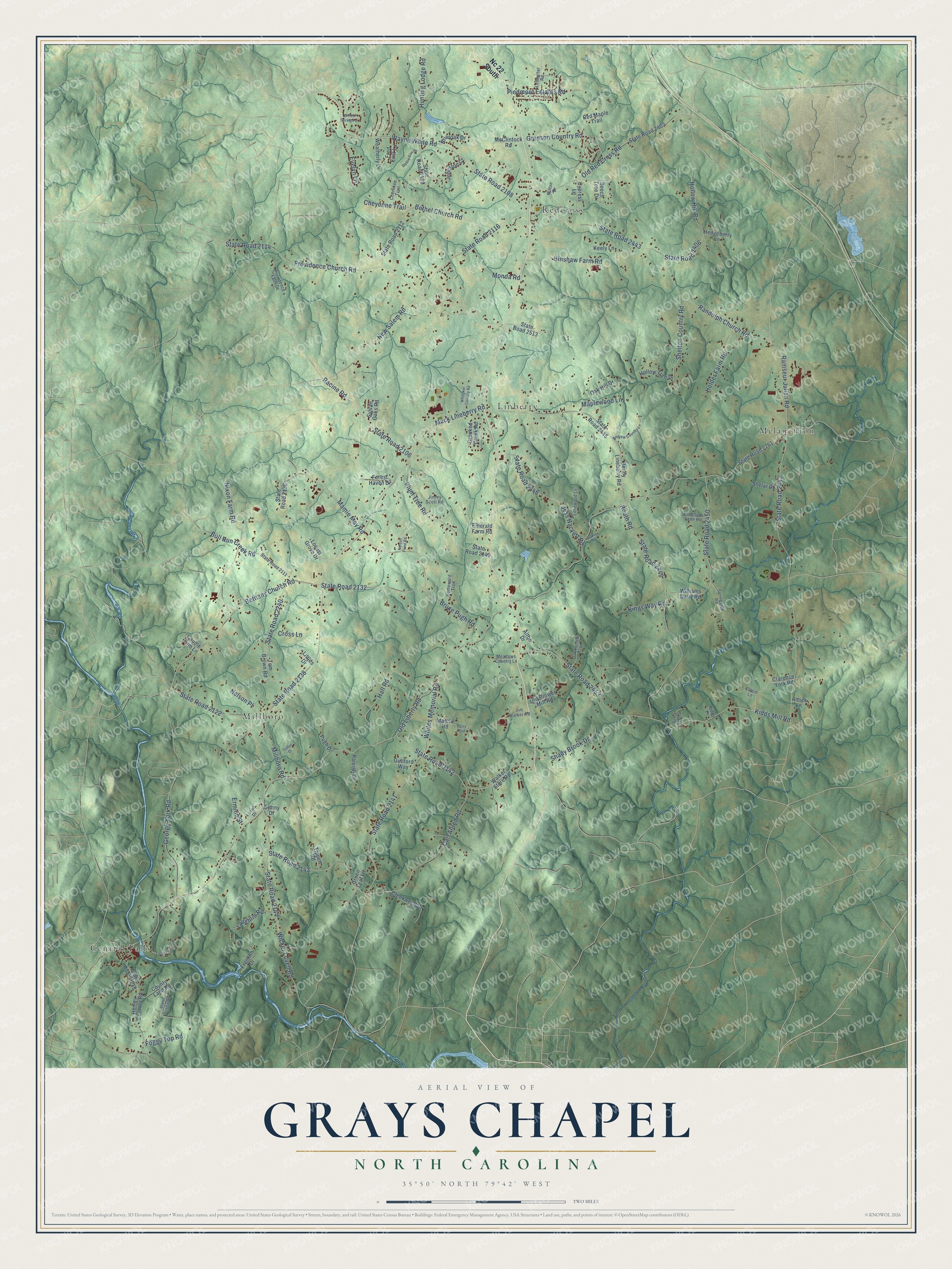 Full map of Grays Chapel, North Carolina, with red buildings, printed street names and the land around them