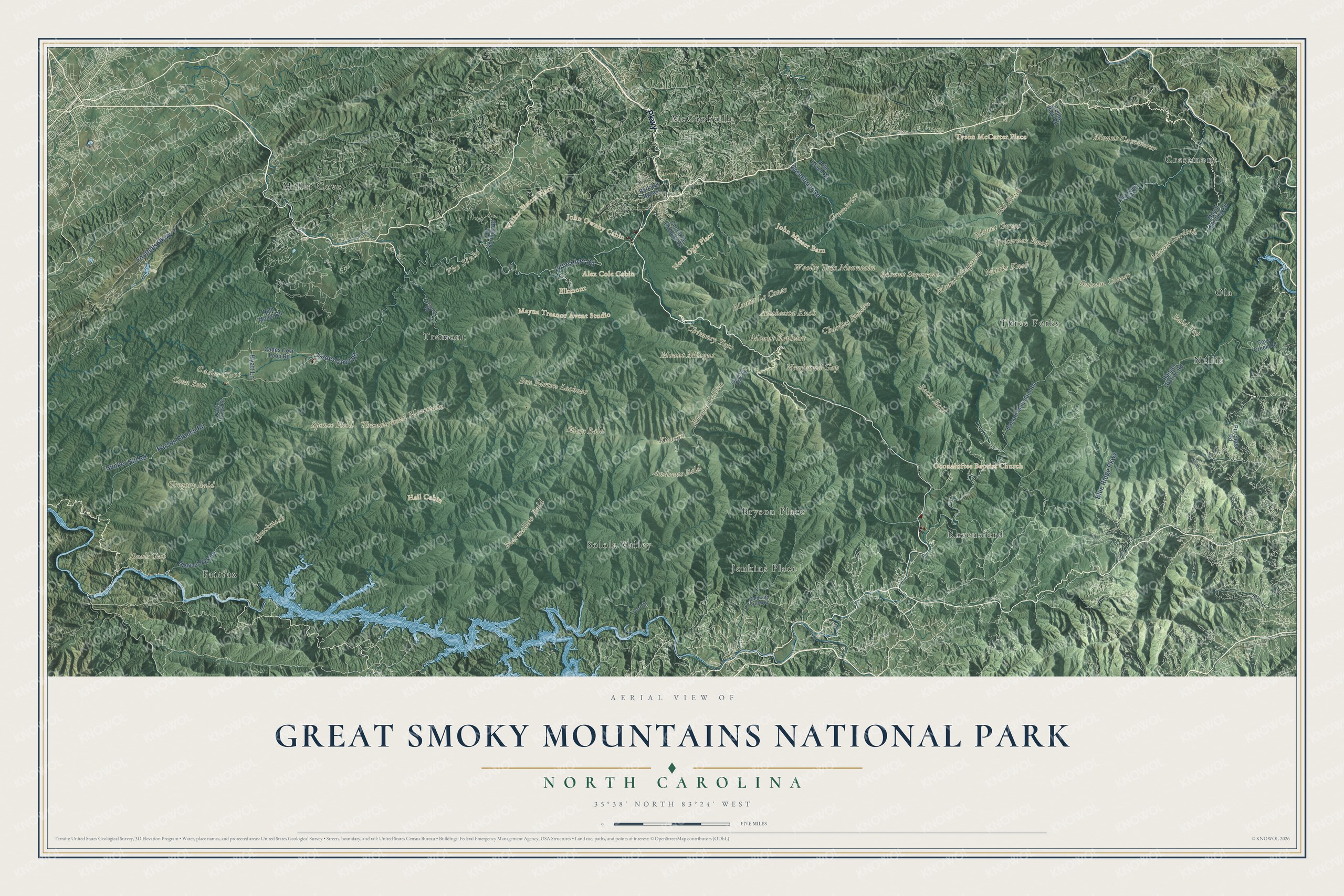 Full map of Great Smoky Mountains National Park, with shaded relief across its ridges, coves and named peaks