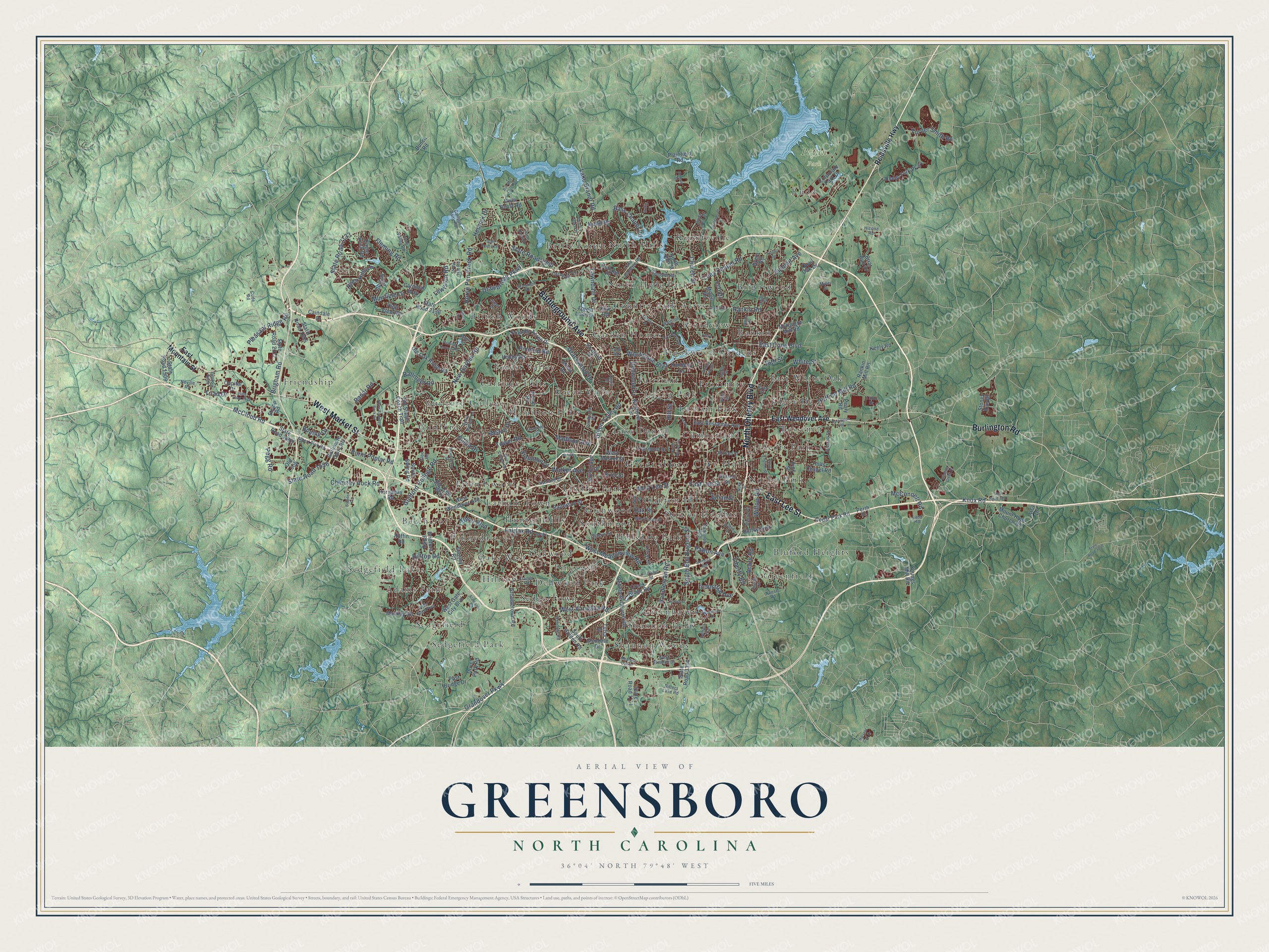 Full map of Greensboro, North Carolina, with red buildings, printed street names and the land around them