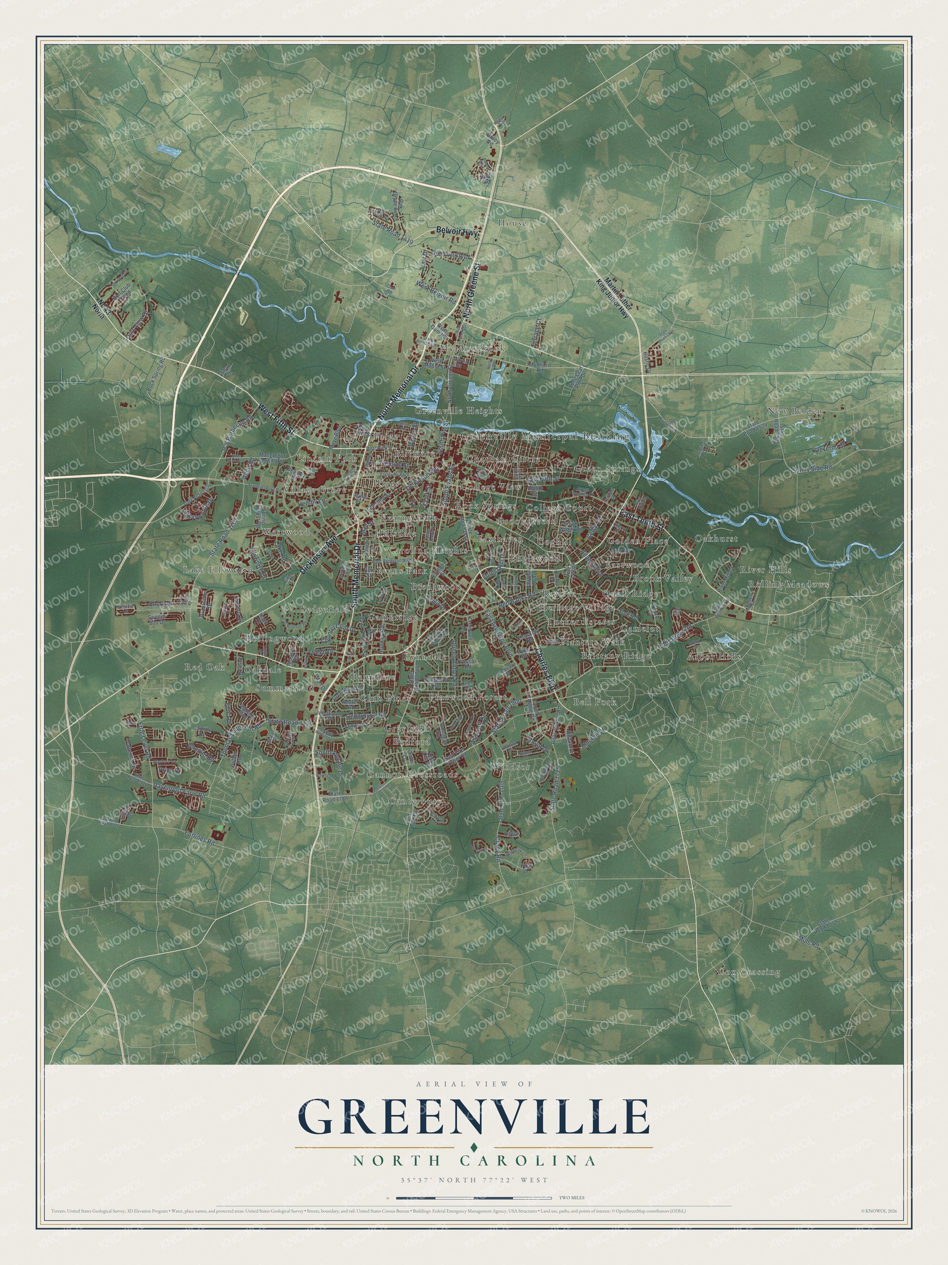 Full map of Greenville, North Carolina, with red buildings, printed street names and the land around them