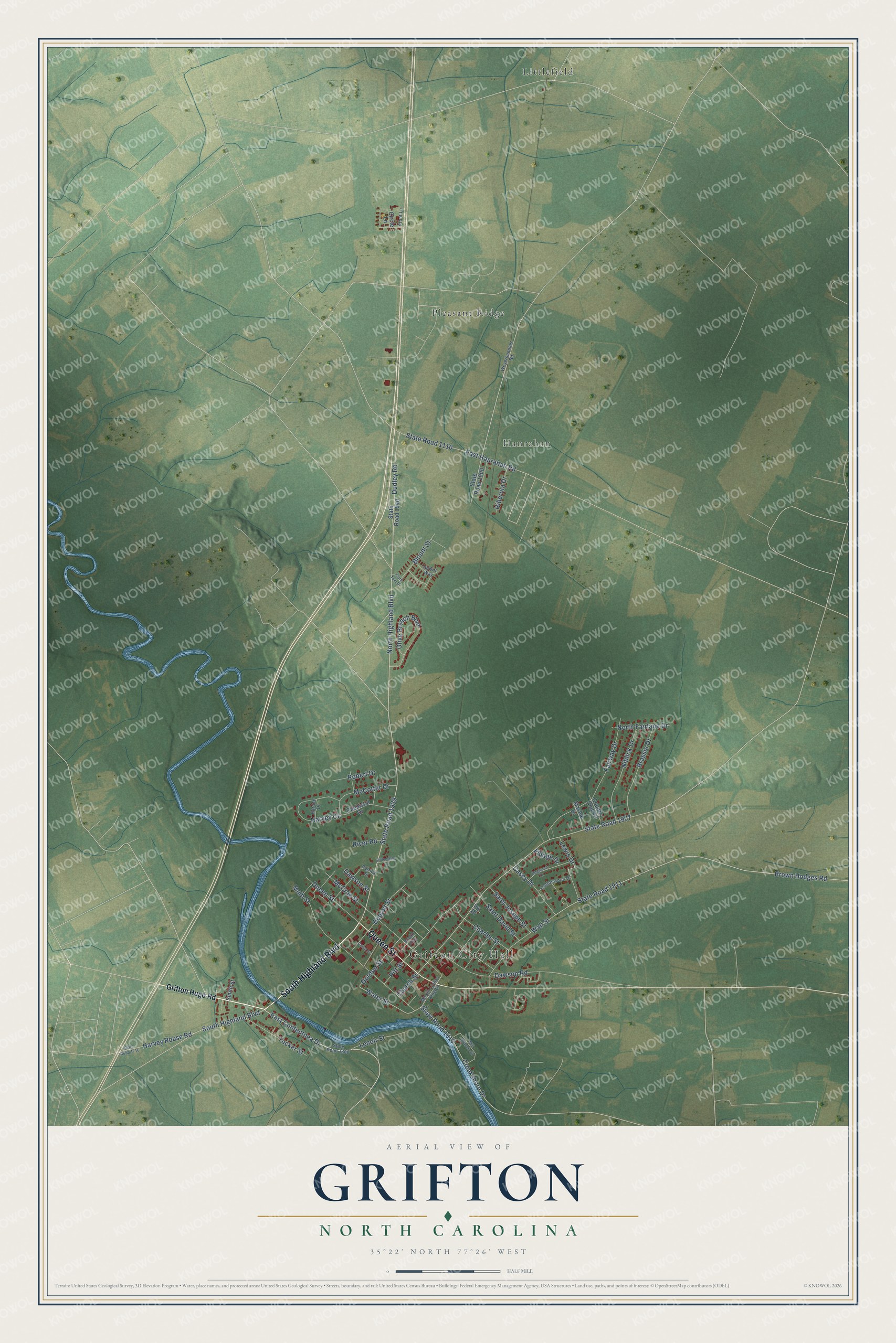 Full map of Grifton, North Carolina, with red buildings, printed street names and the land around them