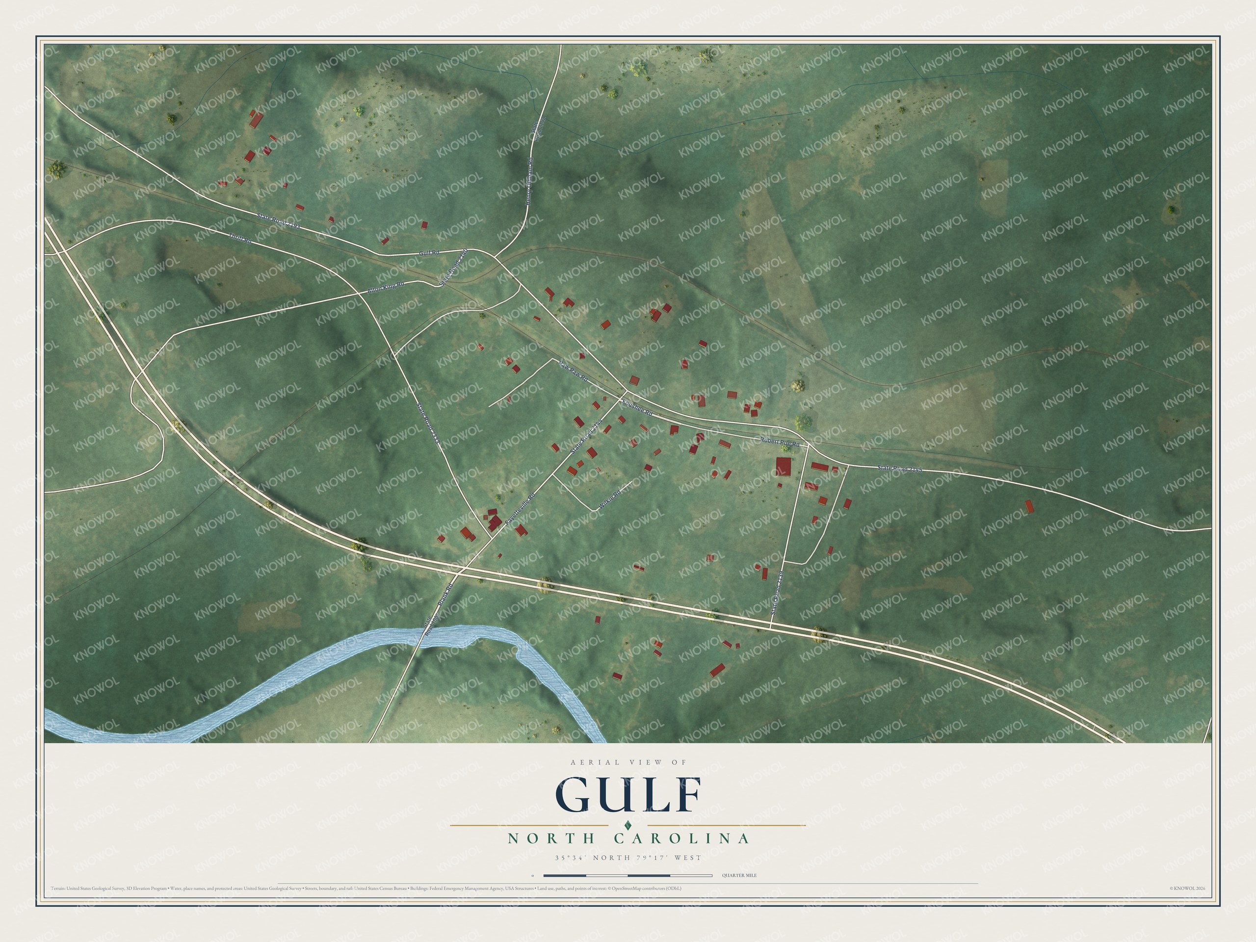 Full map of Gulf, North Carolina, with red buildings, printed street names and the land around them