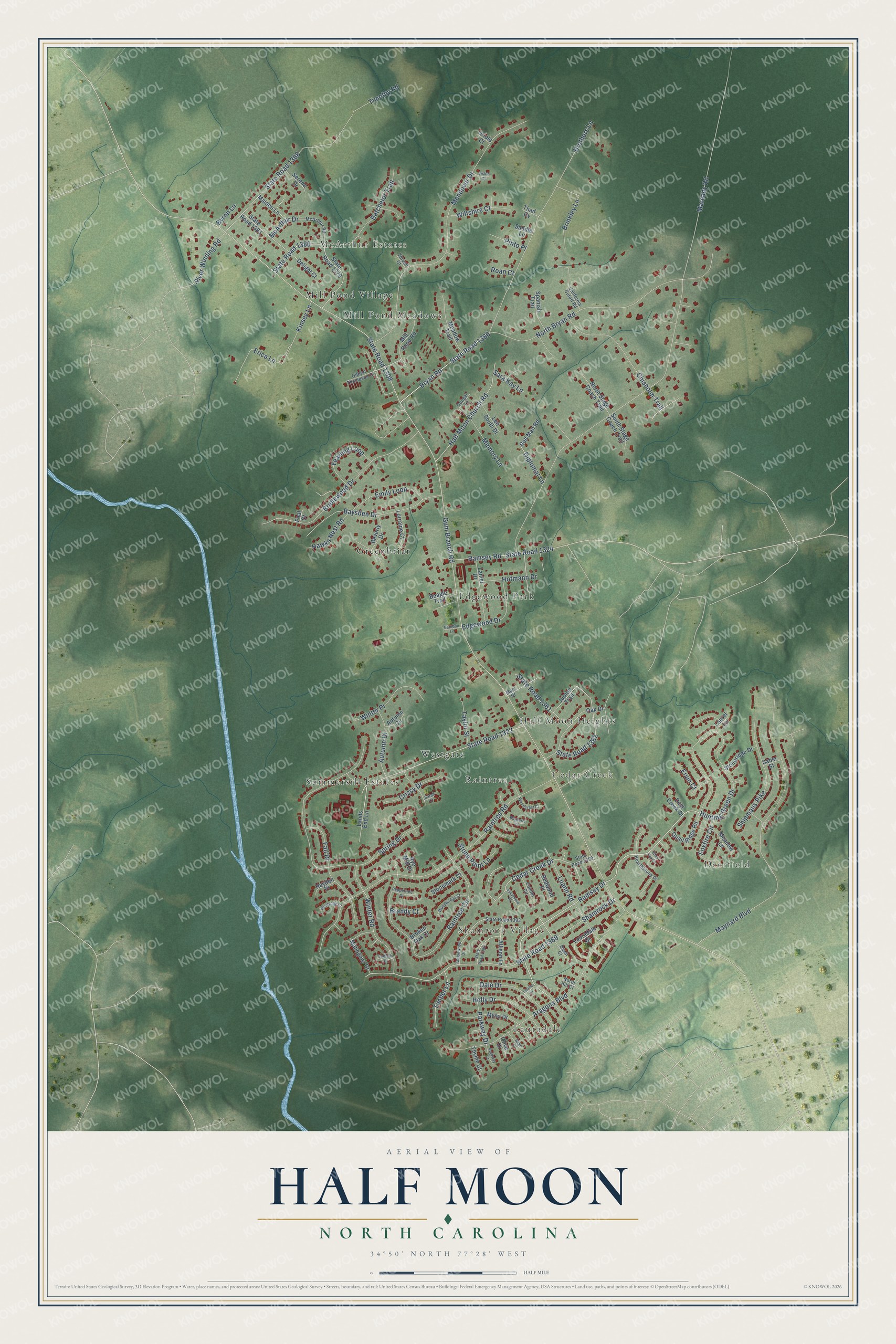 Watermarked full-map preview of Half Moon, North Carolina