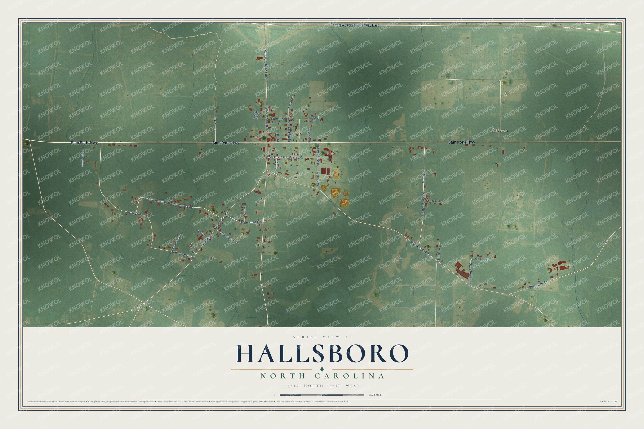 Full map of Hallsboro, North Carolina, with red buildings, printed street names and the land around them