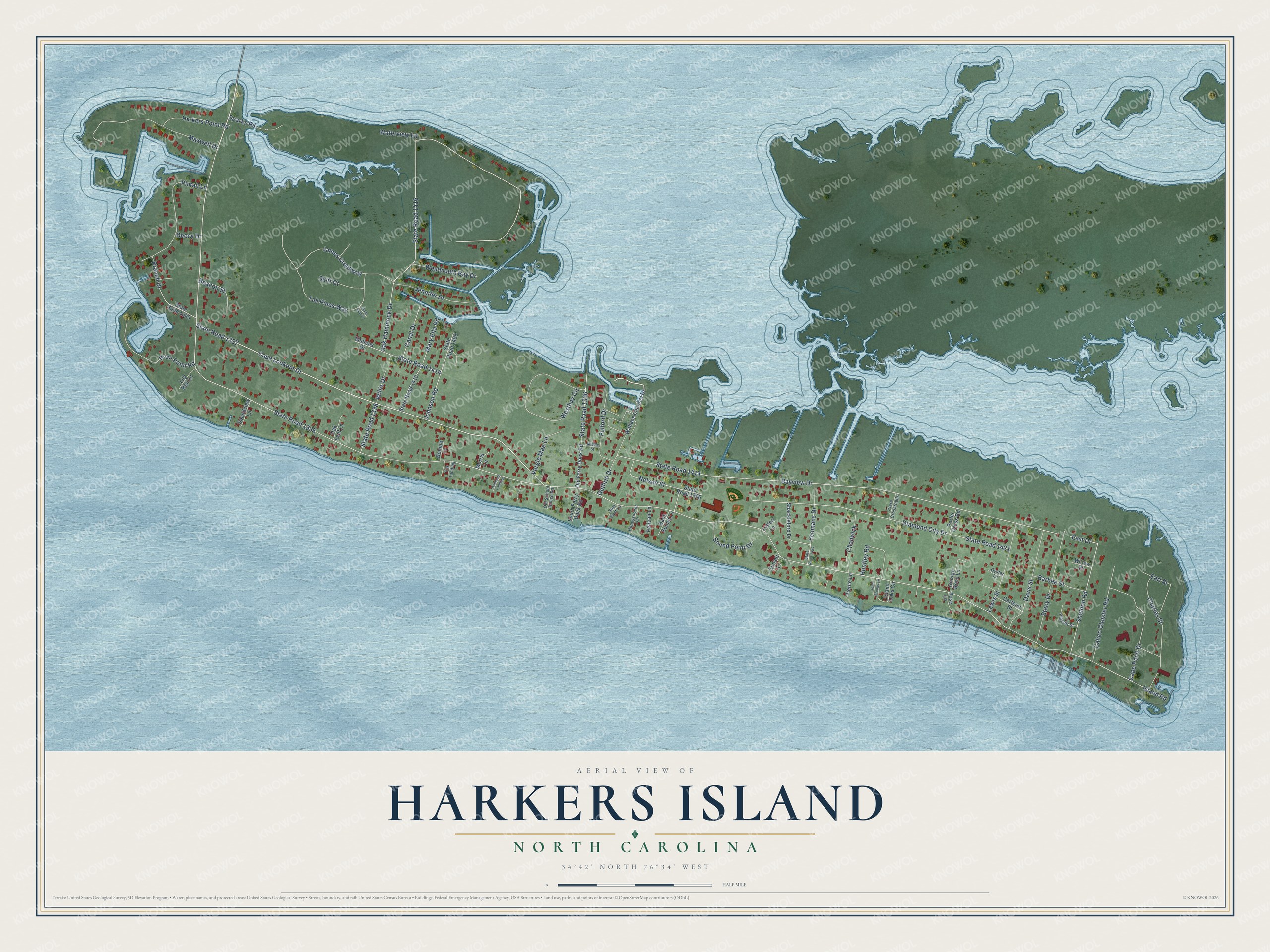 Full map of Harkers Island, North Carolina, with red buildings, printed street names and the land around them