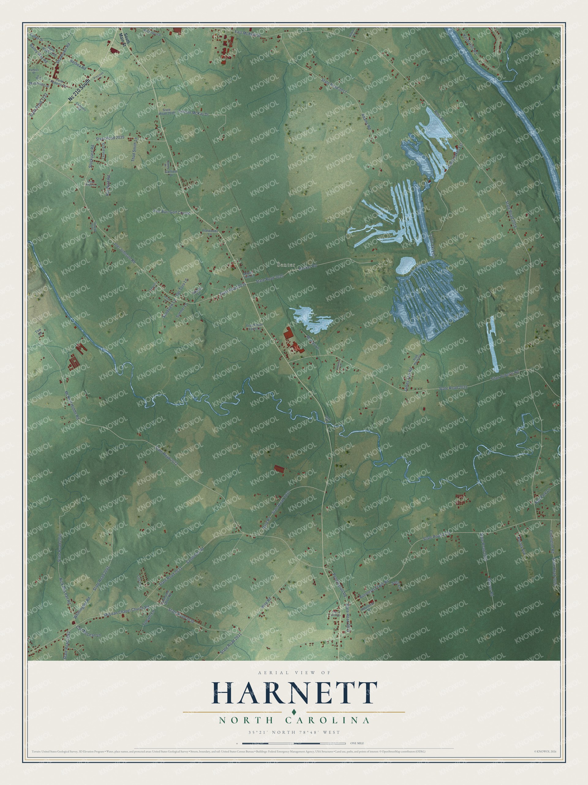 Full map of Harnett, North Carolina, with red buildings, printed street names and the land around them