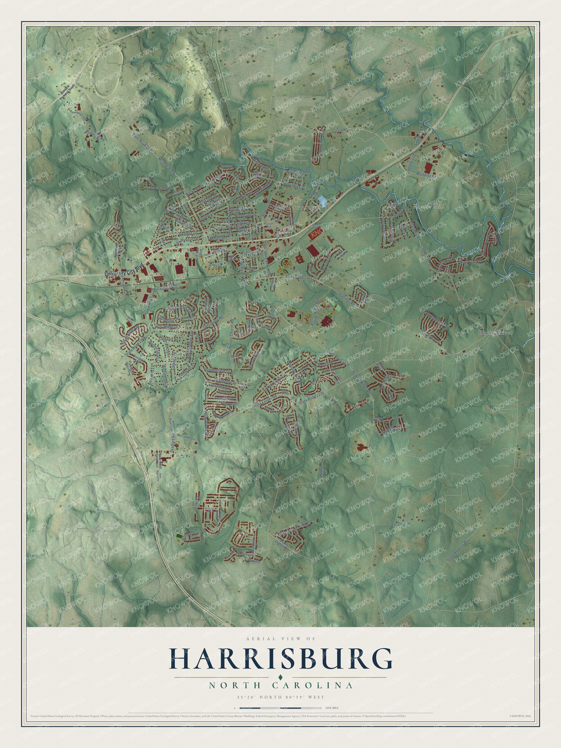 Full map of Harrisburg, North Carolina, with red buildings, printed street names and the land around them