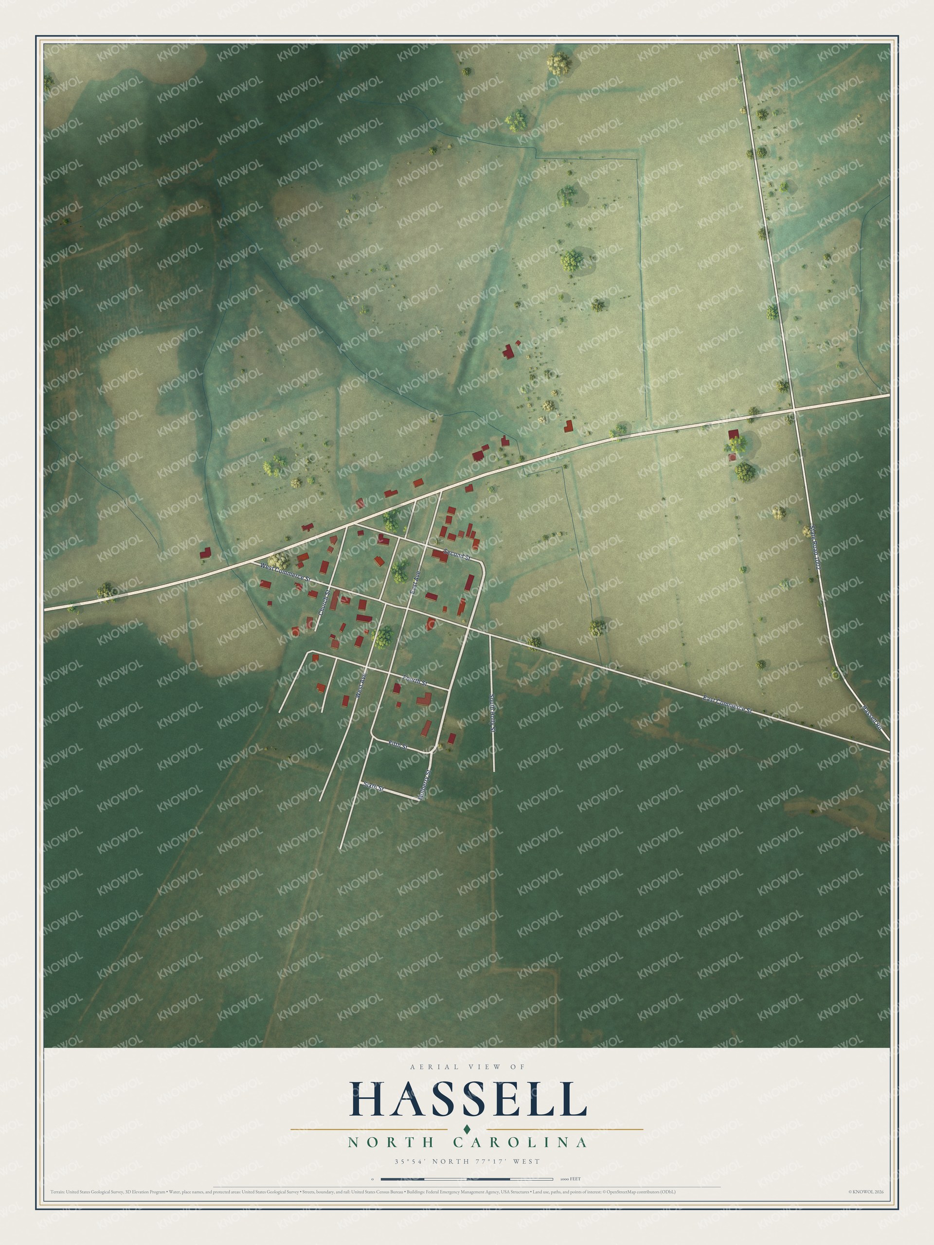 Full map of Hassell, North Carolina, with red buildings, printed street names and the land around them