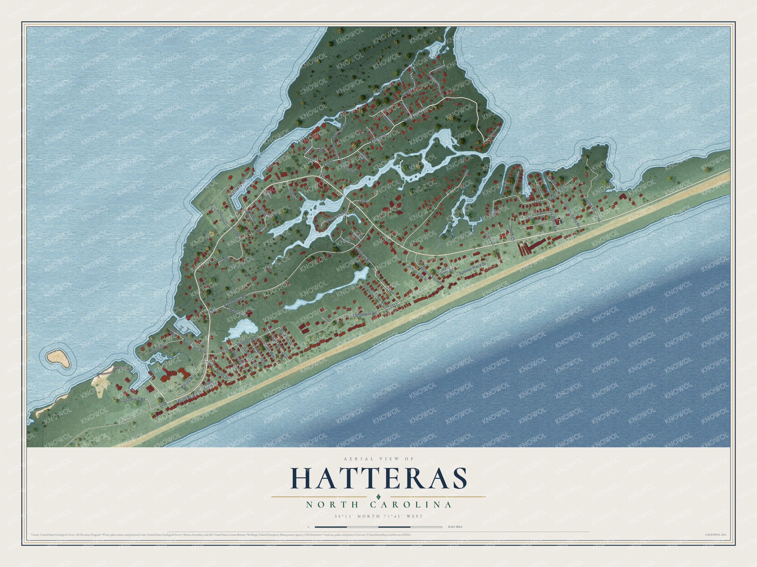 Full map of Hatteras, North Carolina, with red buildings, printed street names and the land around them